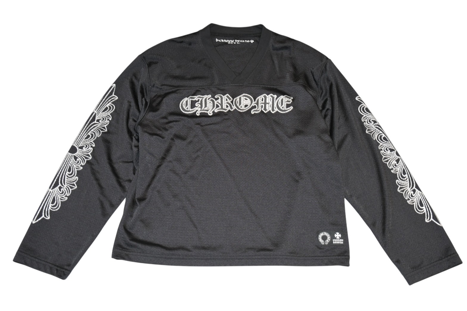 極美品 CHROME HEARTS クロムハーツ メッシュ バーシティー ジャージー ロングスリーブ ブラック グレー サイズM 中古 4b013067