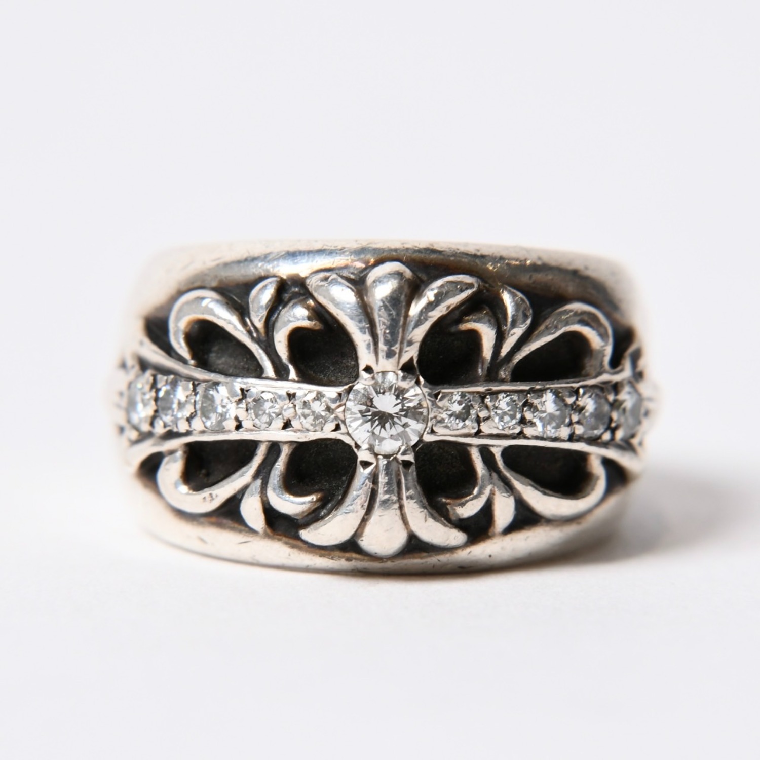 CHROME HEARTS クロムハーツ FLRL CRS P DMND オールド フローラルクロスリング 重量約15.5g サイズ14号 パヴェダイヤ 純正 美品 中古 4b013089