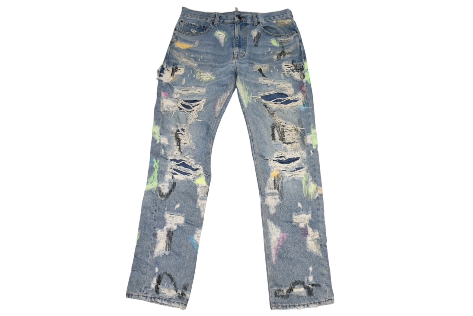 極美品 Endless Denim エンドレスデニム エンブロイダリーアンドデストロイデニムパンツ インディゴ ネオングリーン サイズ34 中古 4b013183｜Warashibe_Casanova