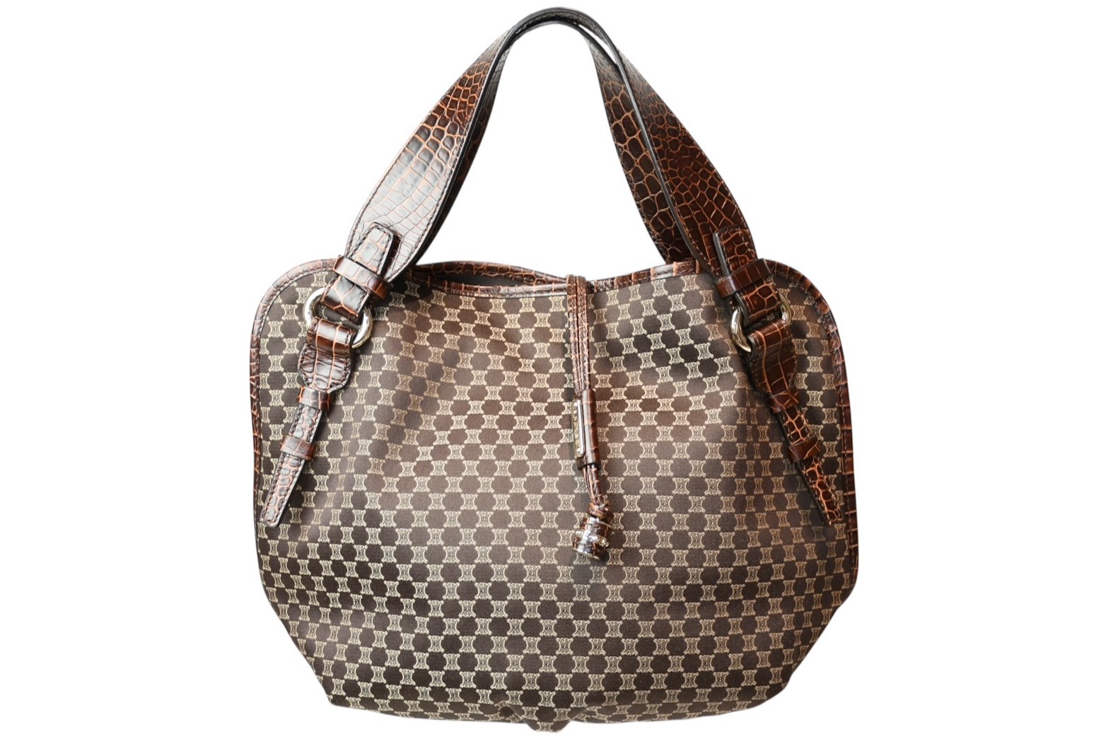 極美品 CELINE セリーヌ クロコ型押し ビタースウィート マカダム ハンドバッグ ブラウン レザー クロコダイル シルバー金具 中古 4b013033|Warashibe_Casanova
