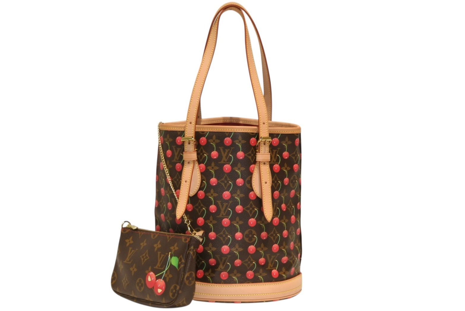 新品同様 LOUIS VUITTON ルイヴィトン モノグラム チェリー バケットPM 村上隆 M95012 ハンドバッグ ブラウン 中古 4b013165