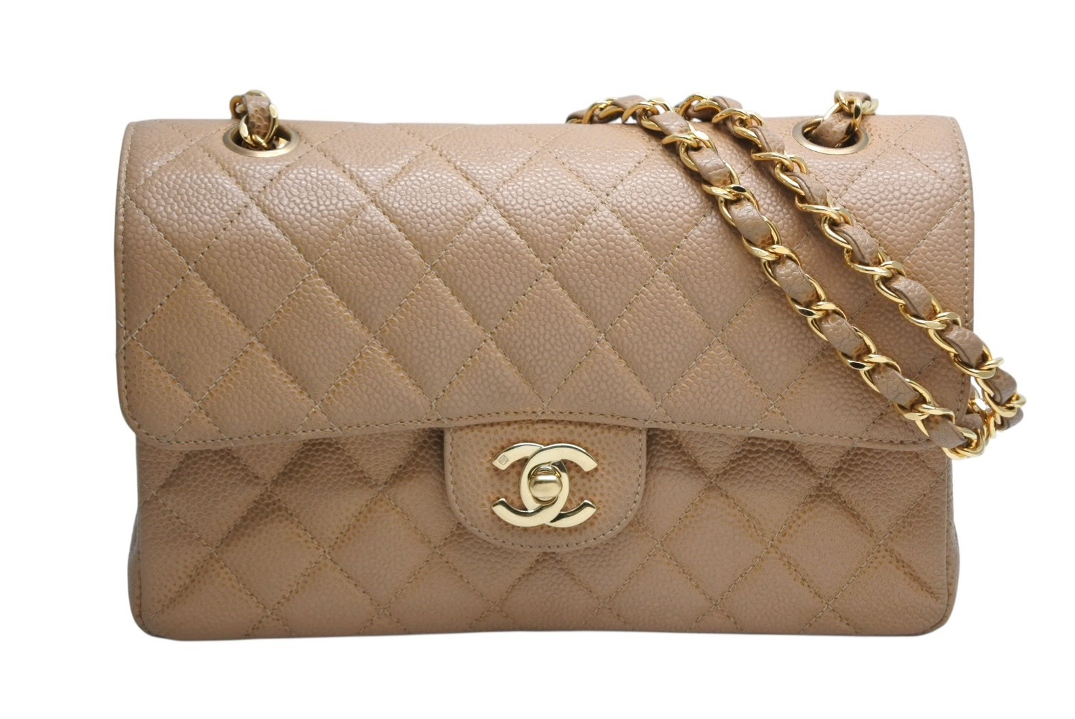 極美品 CHANEL シャネル マトラッセ23 Wフラップ Wチェーンショルダーバッグ 6番台 ココマーク キャビアスキン ベージュ 中古 4b013074