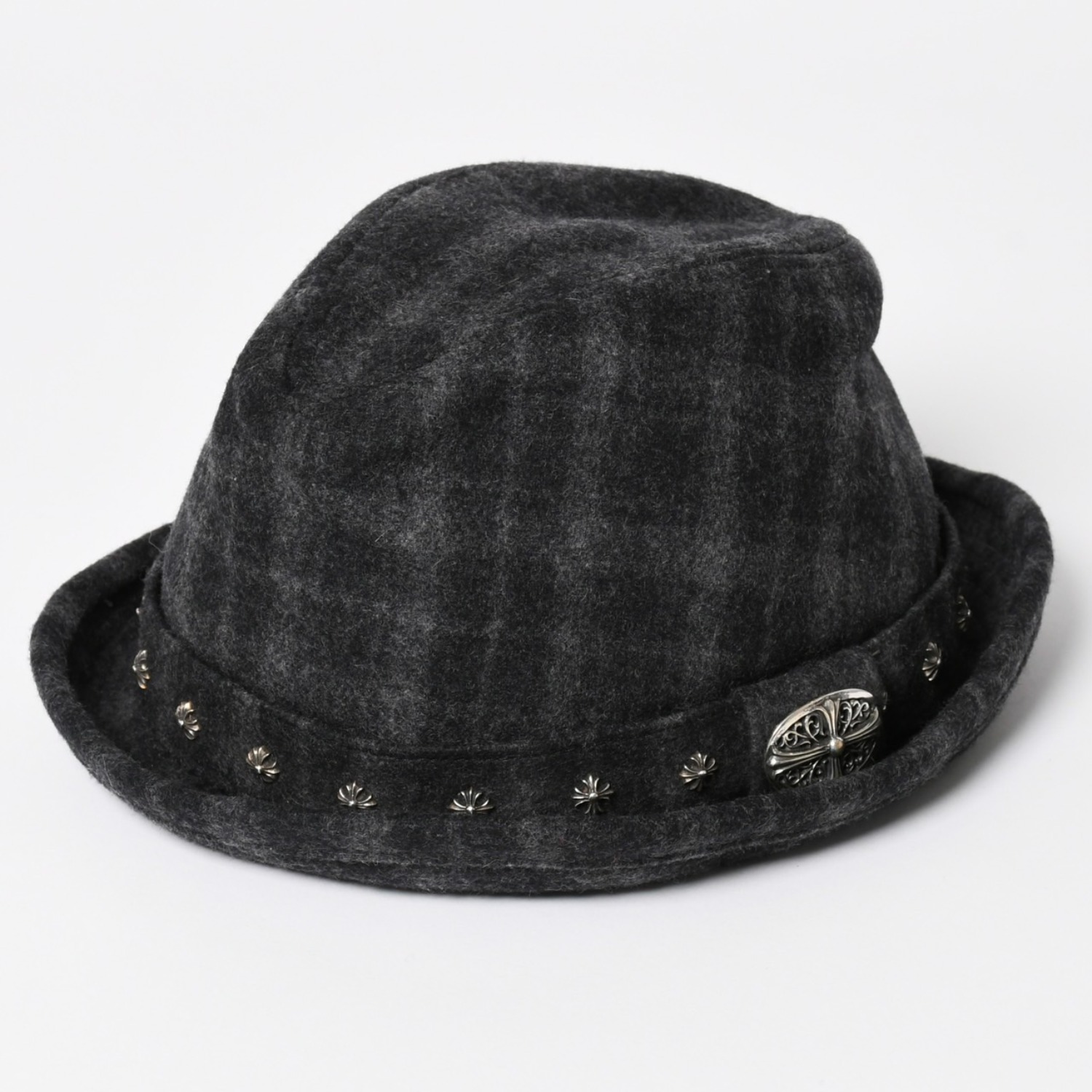 CHROME HEARTS クロムハーツ オーバルクロス CHスタッド クロス ストローハット ウール グレー ブラック 帽子 サイズM 美品 中古 4b013109｜Warashibe_Casanova