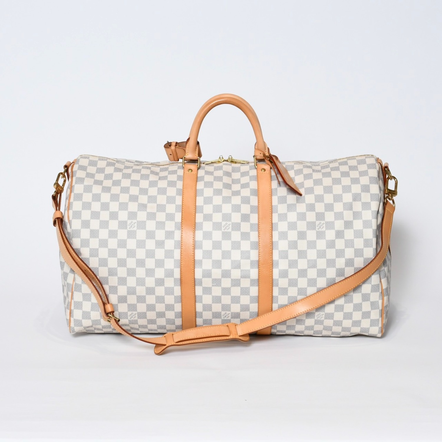 極美品 LOUIS VUITTON ルイヴィトン ダミエ アズール キーポル55 ボストンバッグ N41429 PVC ヌメ革 ホワイト ブラウン 中古 4b013713