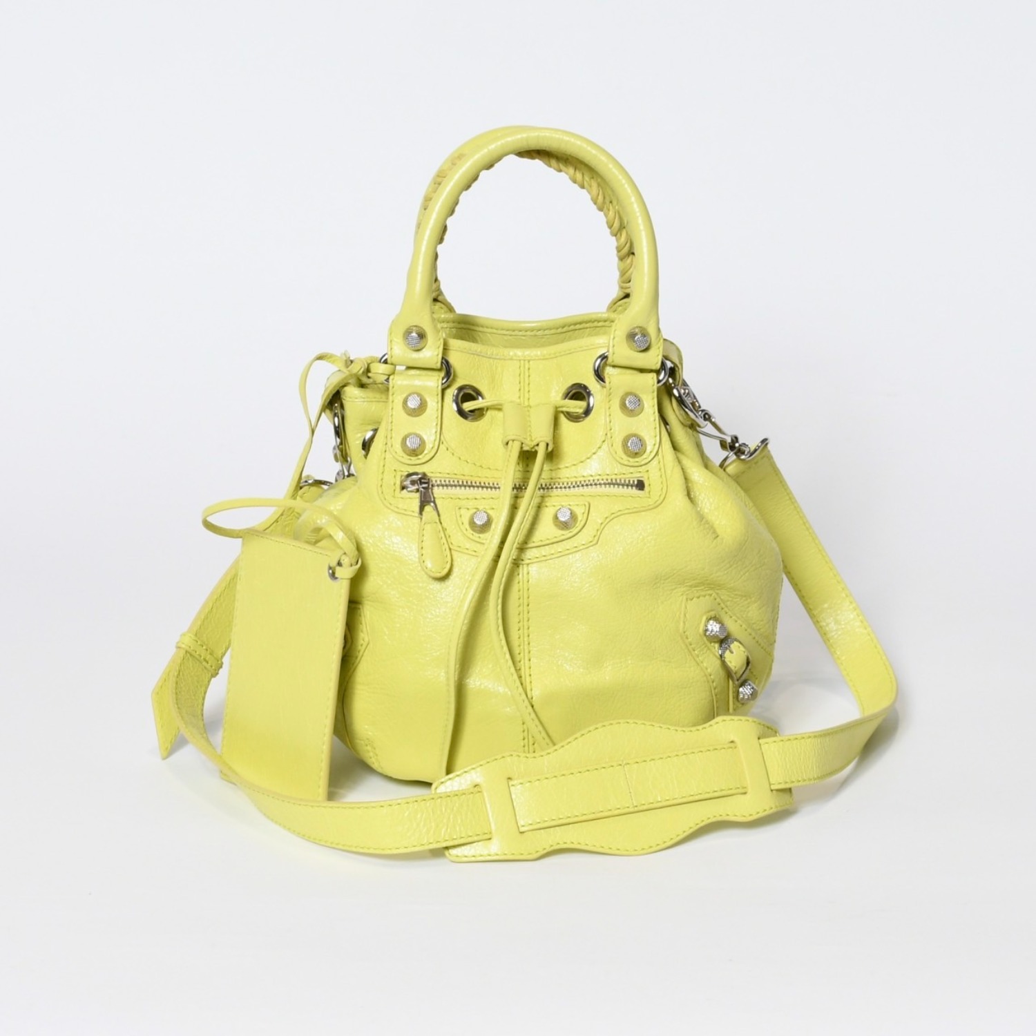 極美品 BALENCIAGA バレンシアガ ジャイアント ミニポンポン 2WAYハンドバッグ イエロー 285439 レザー シルバー金具 中古 4b013701