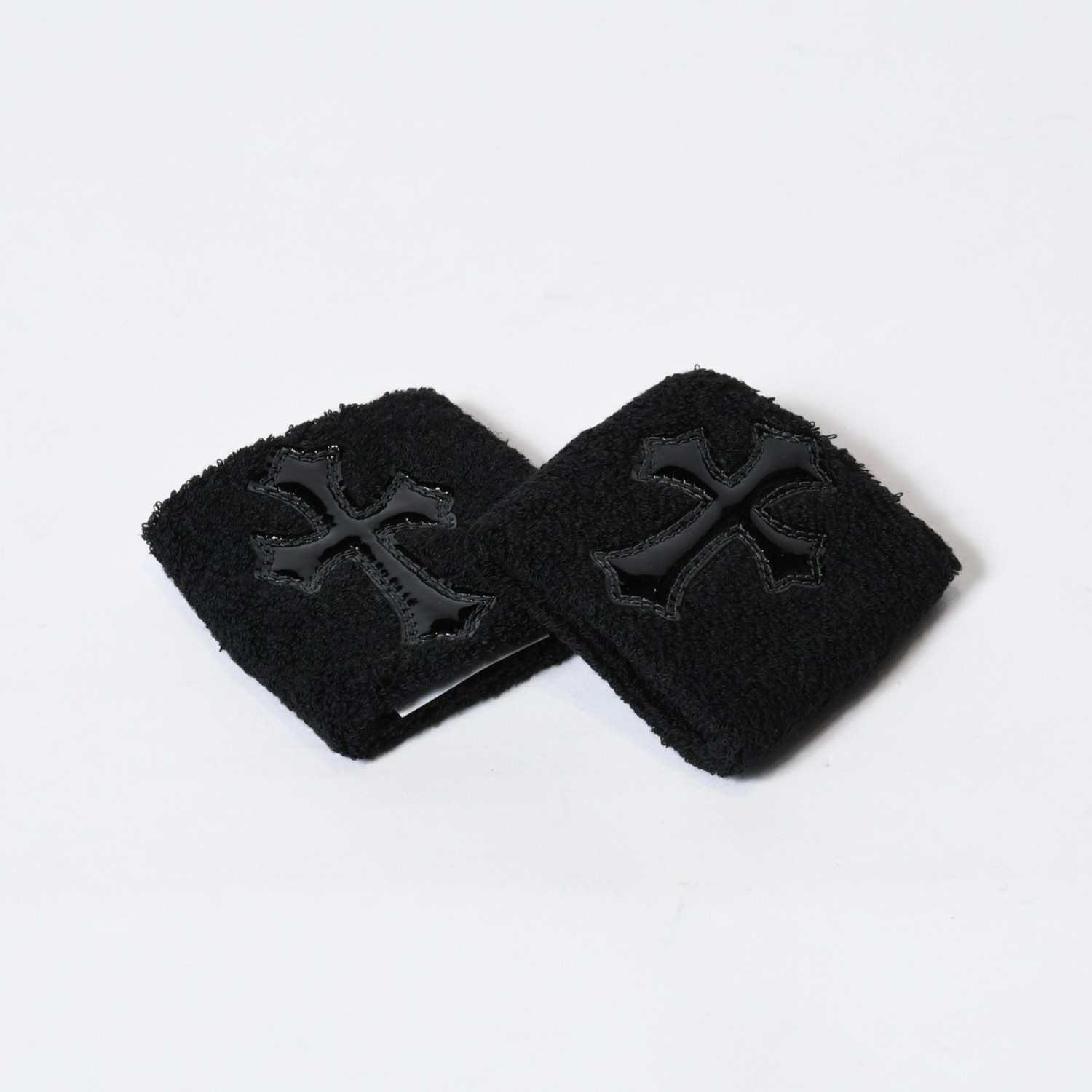 新品未使用 CHROME HEARTS クロムハーツ クロスパッチ リストバンド 二点セット ブレスレット パイル地 ブラック 中古 4b013627
