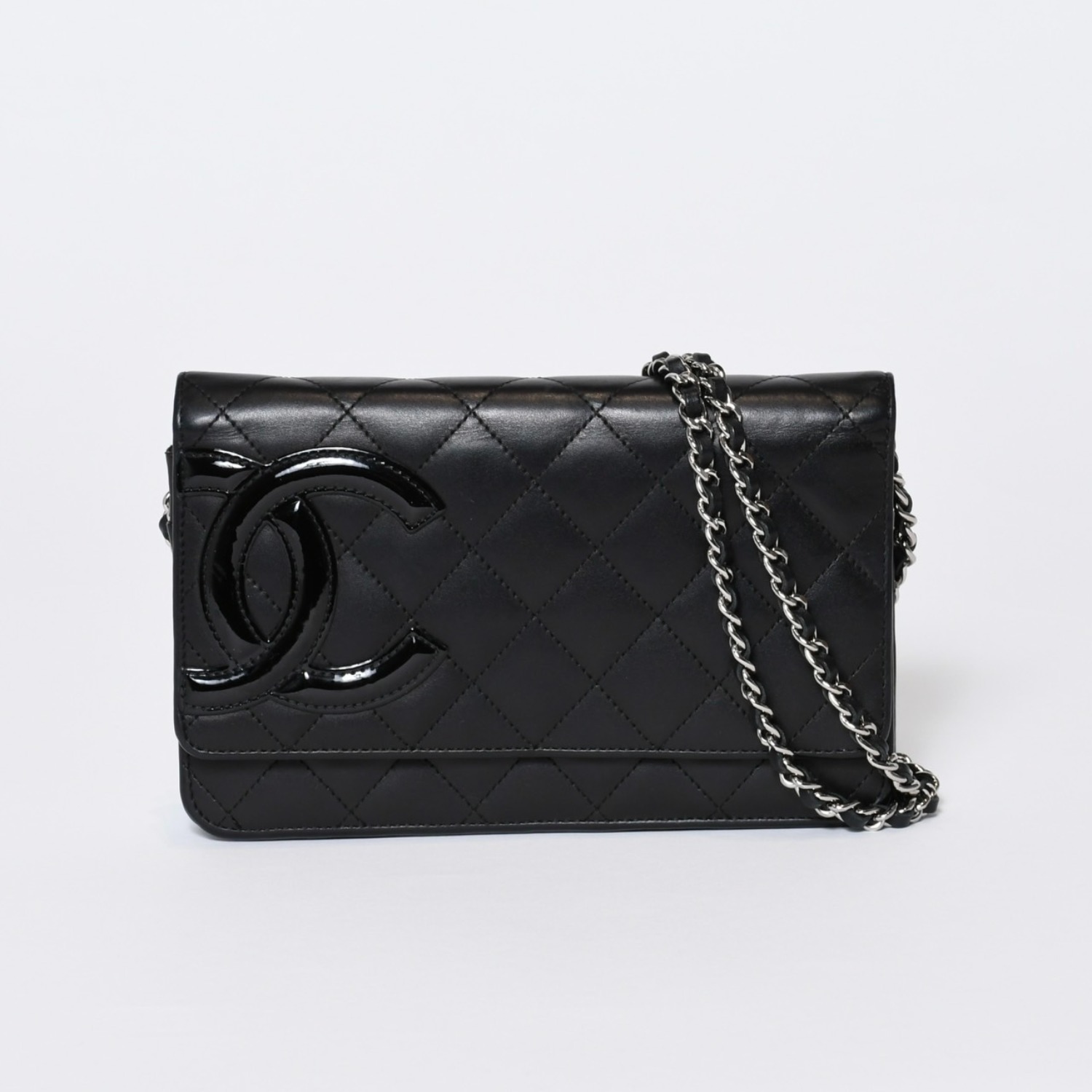 CHANEL シャネル カンボンライン ココマーク チェーンウォレット 16番台 ブラック ピンク ラムスキン シルバー金具 美品 中古 4b013613