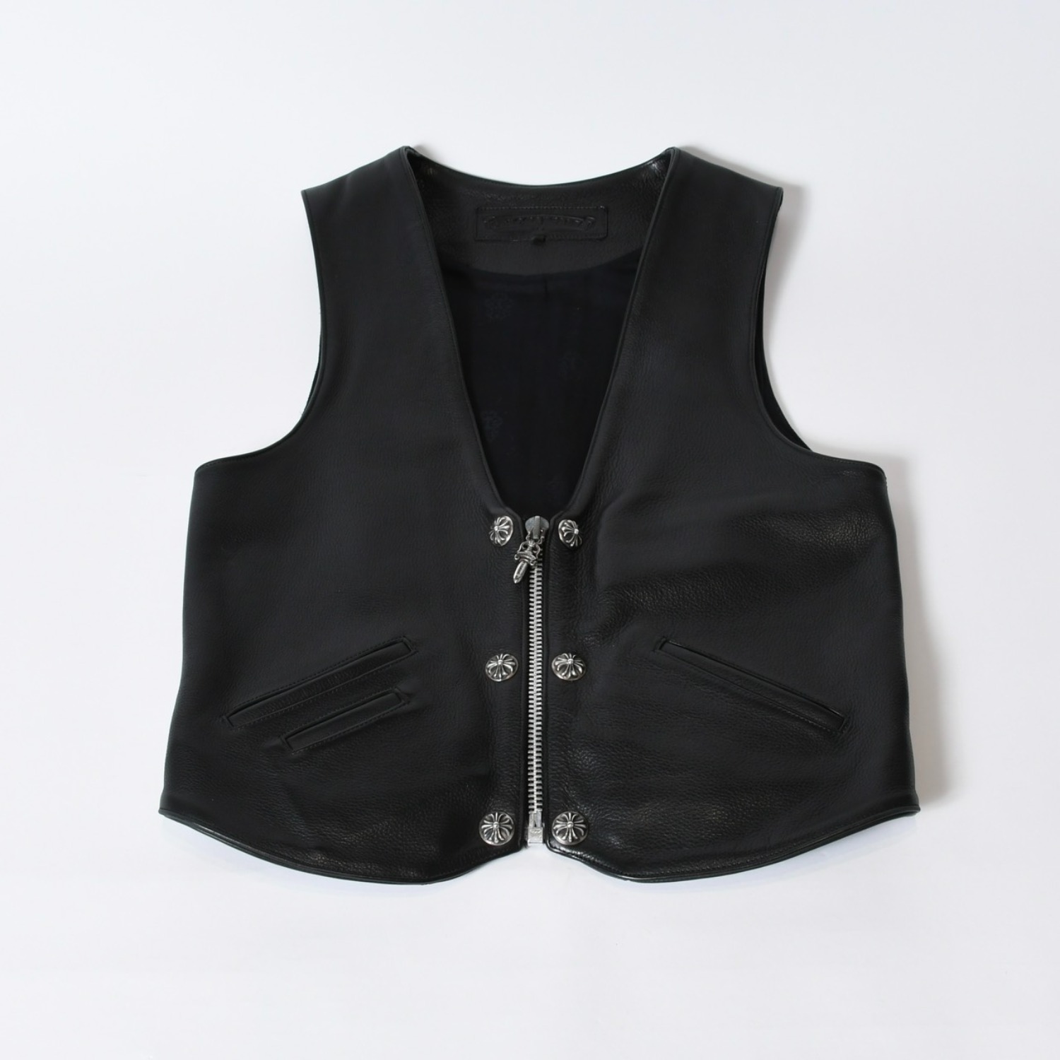 極美品 CHROME HEARTS クロムハーツ 6BTN ZIP FRNT VEST ラーシ?クロス レサ?ーヘ?スト サイズM ダガー クロスボール 中古 4b013777
