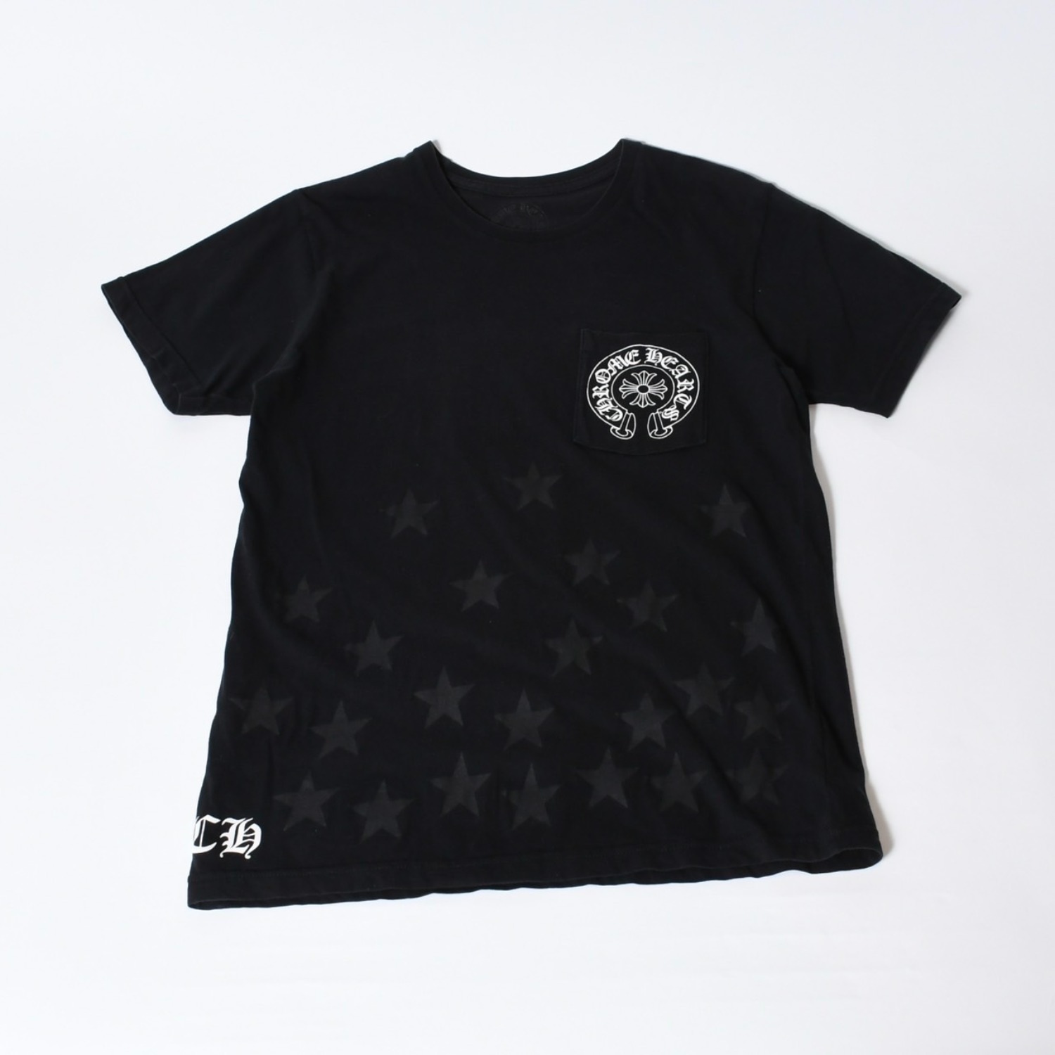 CHROME HEARTS クロムハーツ スター ホースシュー 半袖VネックTシャツ サイズM ブラック コットン 美品 中古 4b013690