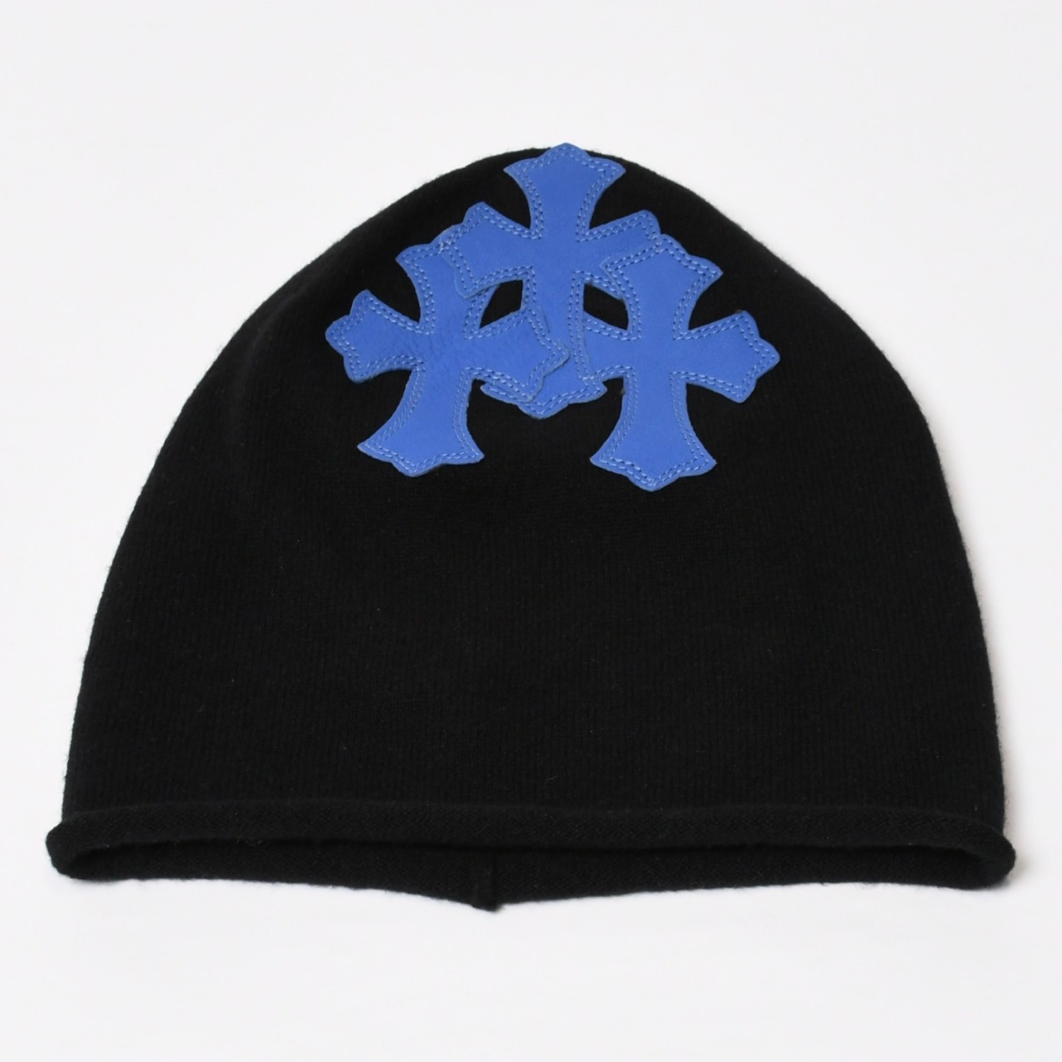 CHROME HEARTS クロムハーツ クロスパッチ フェイスマスク ニットキャップ ビーニー カシミヤ レザー ブルー ブラック 美品 中古 4b013897