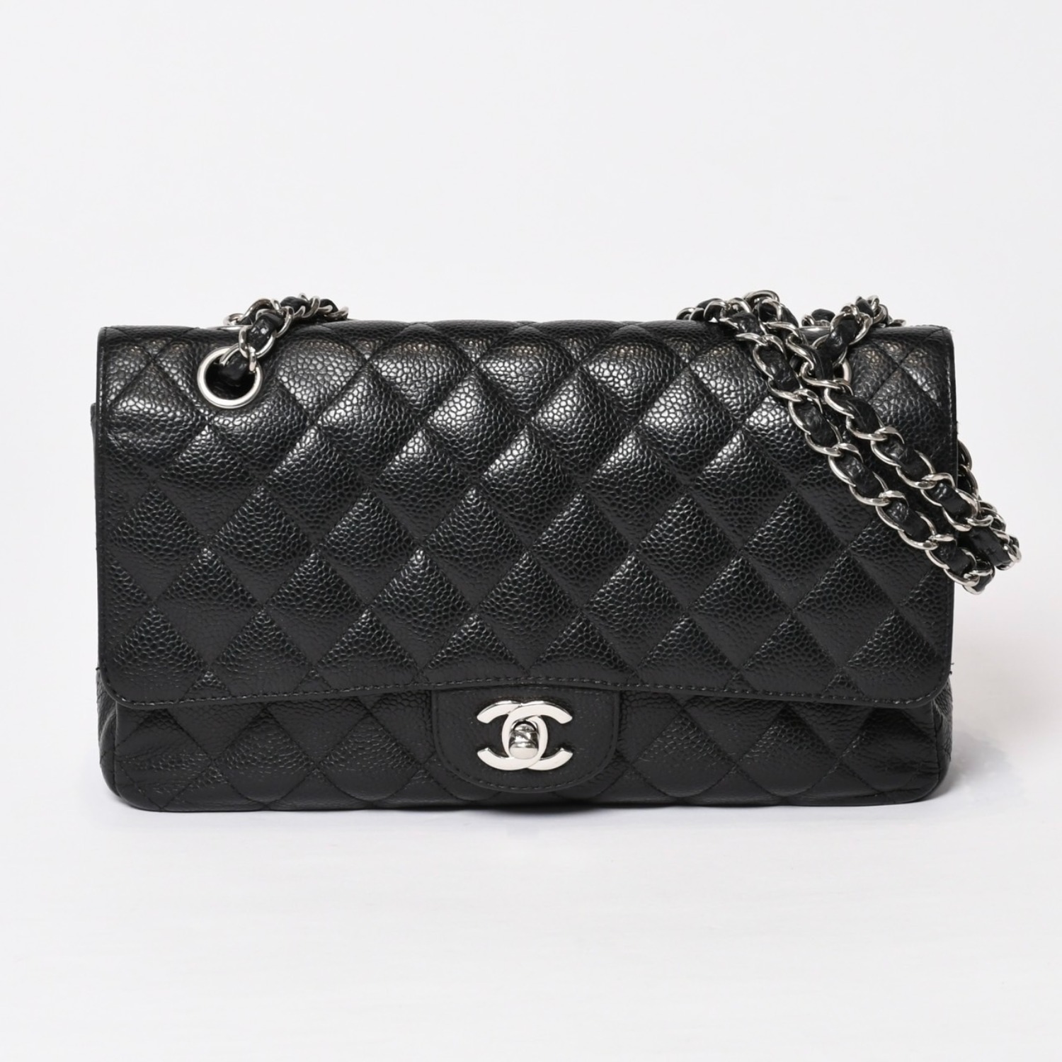 CHANEL シャネル マトラッセ25 Wフラップ Wチェーンショルダーバッグ 12番台 ココマーク キャビアスキン シルバー金具 美品 中古 4b014007