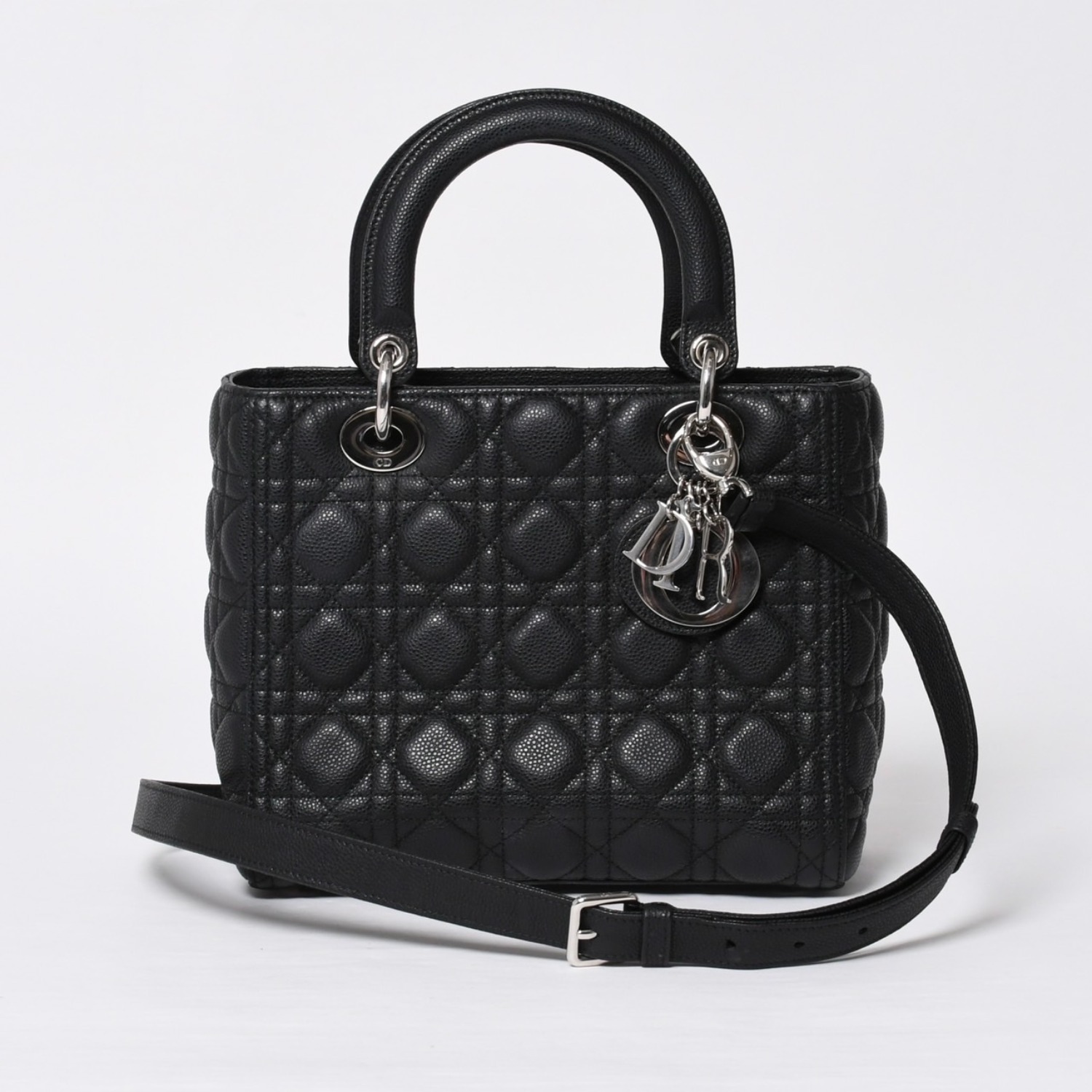 極美品 Christian Dior クリスチャンディオール レディディオール カナージュ ミディアム 2WAY M0565PWRT_M900 ブラック 中古 4a000050