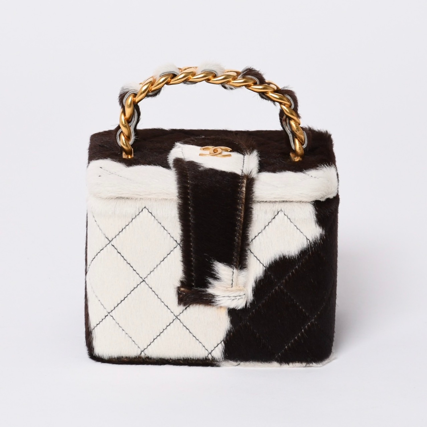 新品同様 CHANEL シャネル ココマーク ハラコ ミニ バニティバッグ 1994-1999s 3番台 ホワイト ブラウン ゴールド金具 中古 4a000230