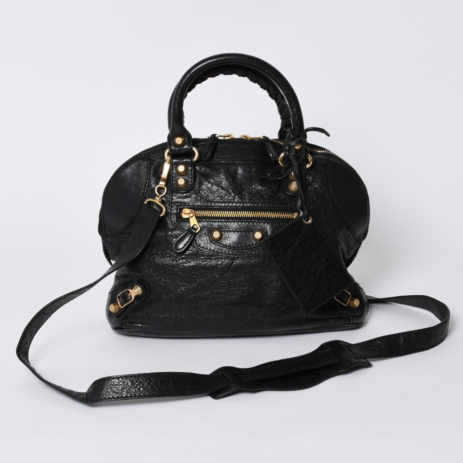 BALENCIAGA バレンシアガ クラシック ボーリングバッグ 2WAY ショルダーバッグ 390154 ネイビー ゴールド金具 美品 中古 4a000041|Warashibe_Casanova
