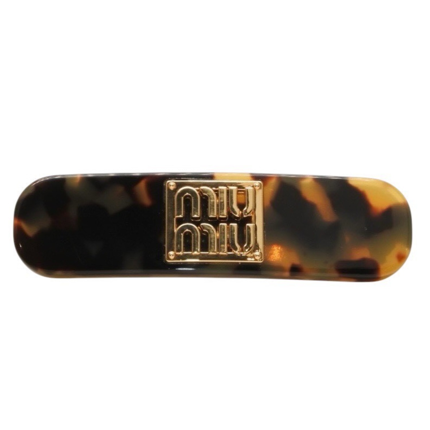 極美品 MIUMIU ミュウミュウ ロゴ バレッタ ヘアクリップ ブラウン ゴールド 中古 4b014168
