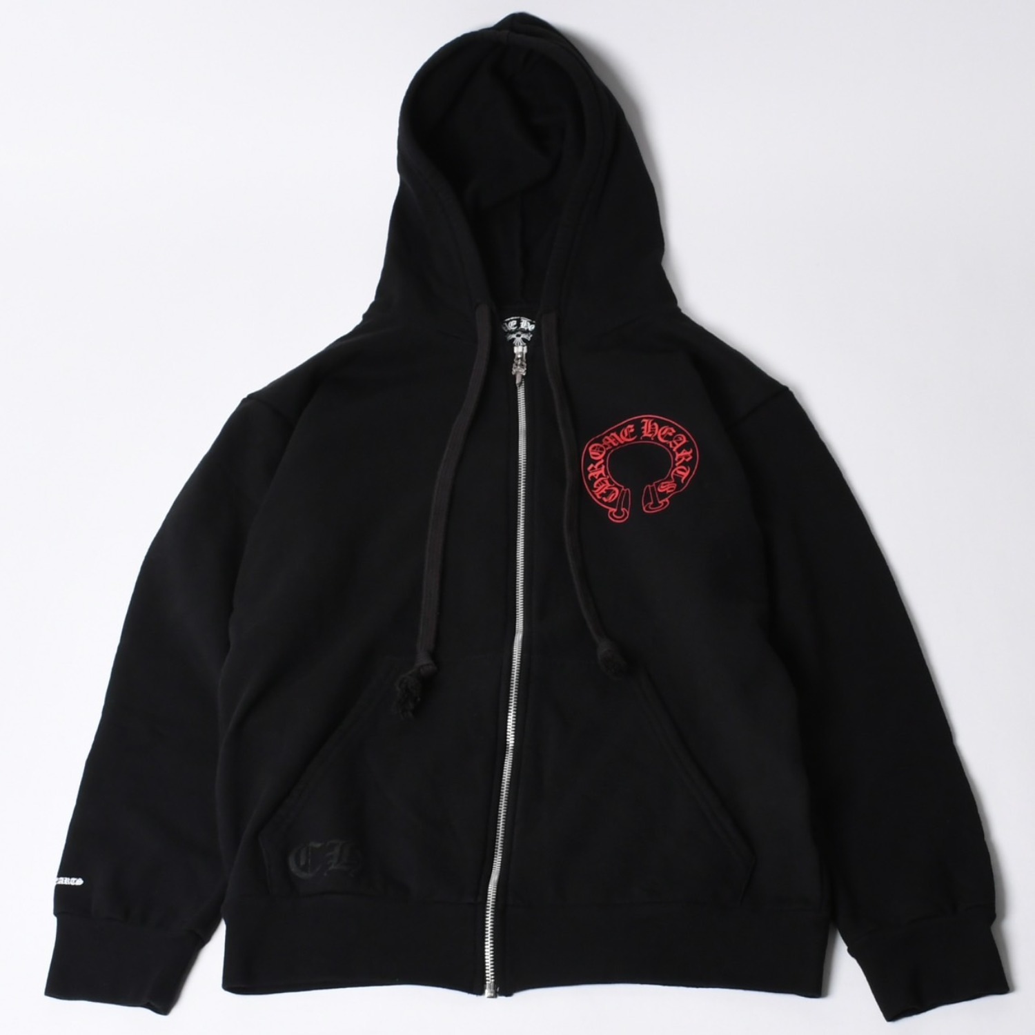 極美品 CHROME HEARTS クロムハーツ ジップアップフーディー パーカー サイズL セメタリー ホースシュー ブラック 中古 4a000677