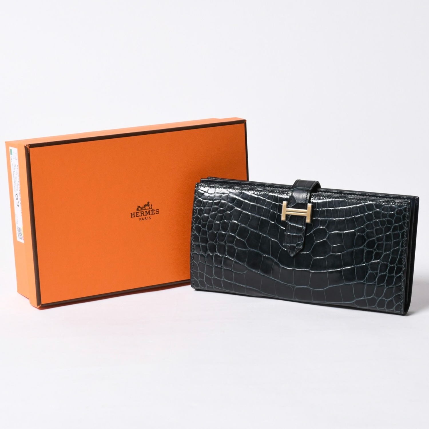 極美品 HERMES エルメス ベアンスフレ 長財布 K刻印 ダークグリーン クロコダイル アリゲータ ゴールド金具 中古 4a000337