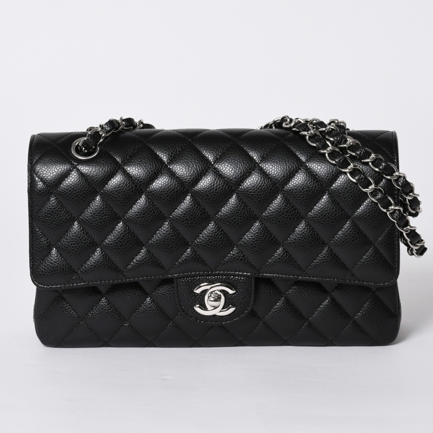 新品同様 CHANEL シャネル マトラッセ25 Wフラップ Wチェーンショルダーバッグ AO1112 21番台 キャビアスキン シルバー金具 中古 4a000990