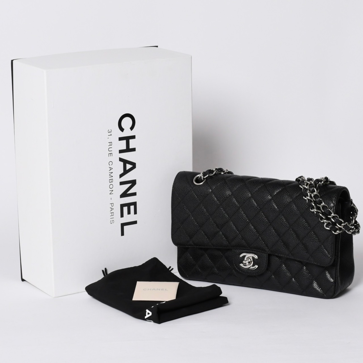極美品 CHANEL シャネル マトラッセ25 Wフラップ Wチェーンショルダーバッグ 14番台 キャビアスキン シルバー金具 中古 4a001340｜Warashibe_Casanova