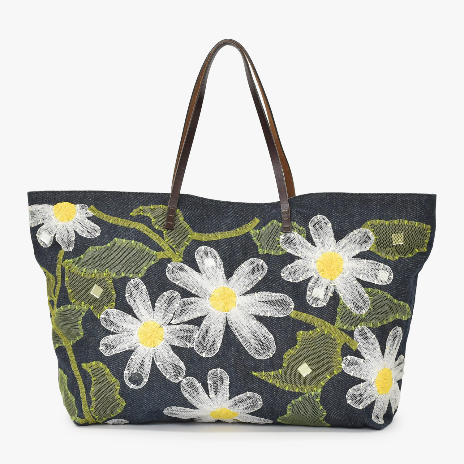 FENDI フェンディ ハンドバッグ DENIM デニム FLOWER フラワー Applique アップリケ ネイビー 美品 中古 4a001181｜Warashibe_Casanova