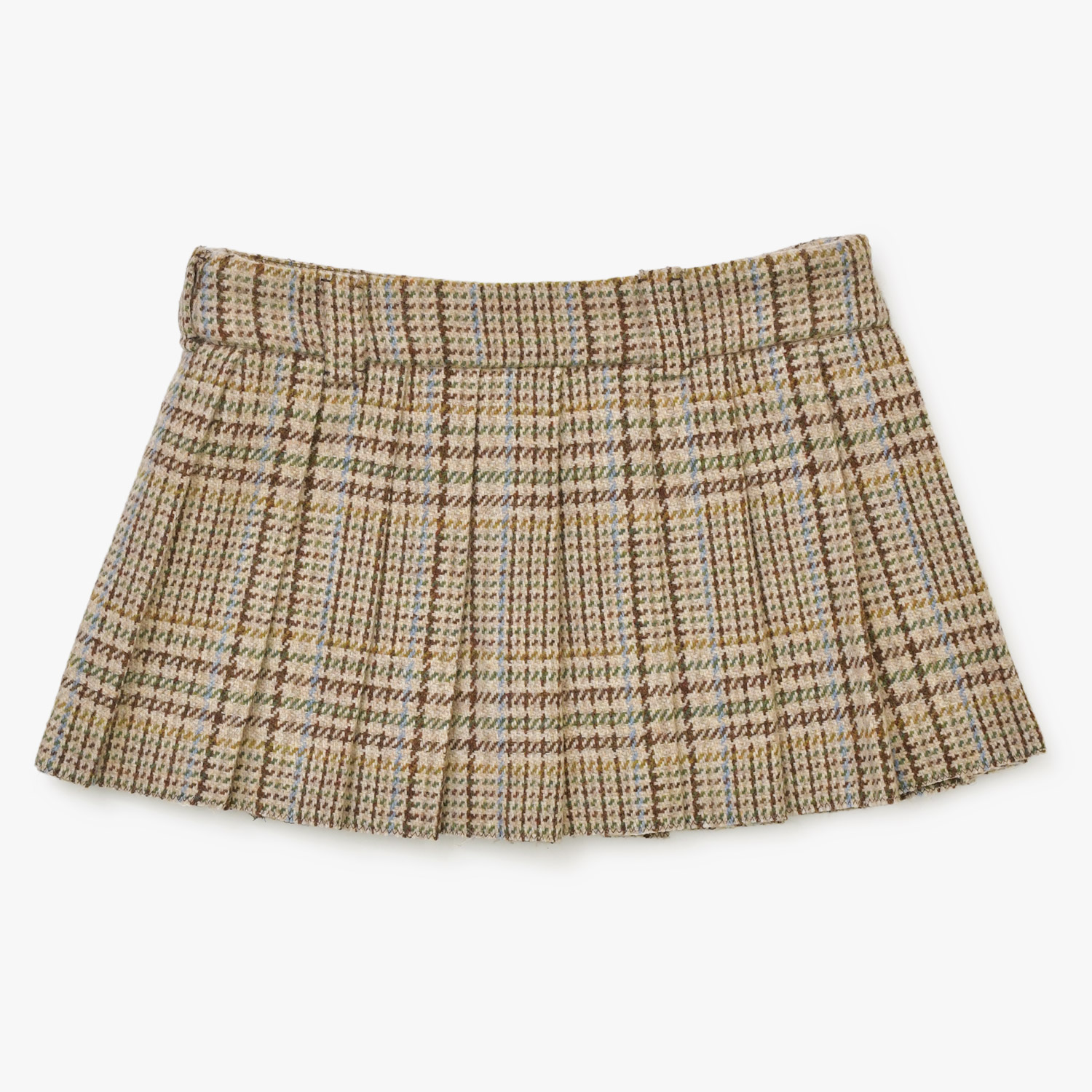 極美品 MIUMIU ミュウミュウ プリッツスカート MG1875 サイズ38 ロゴパッチ チェック ベージュ ウール 中古 4a001750｜Warashibe_Casanova 60,500円