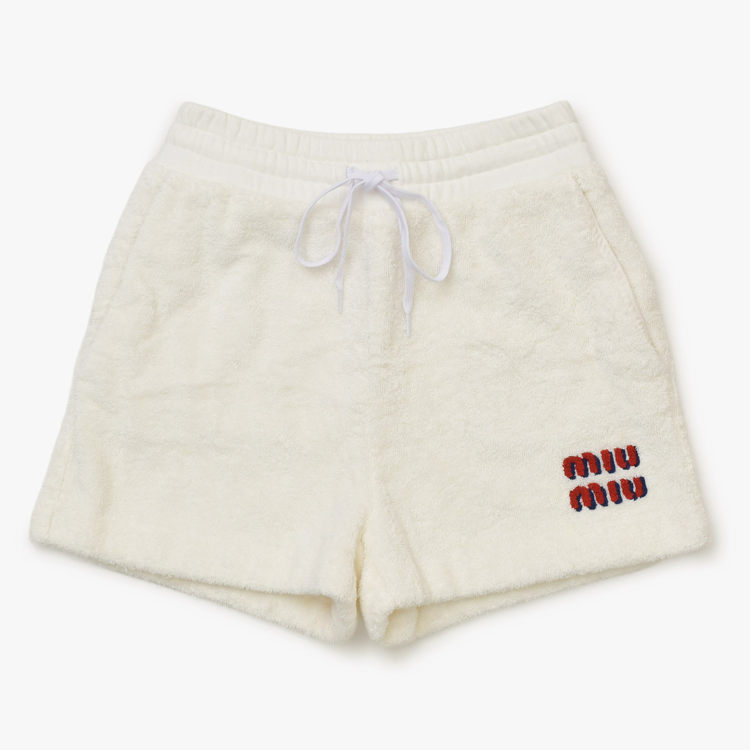極美品 MIUMIU ミュウミュウ ショーツ ボアショートパンツ MJP274 サイズ36 ロゴパッチ アイボリー 中古 4a001755｜Warashibe_Casanova