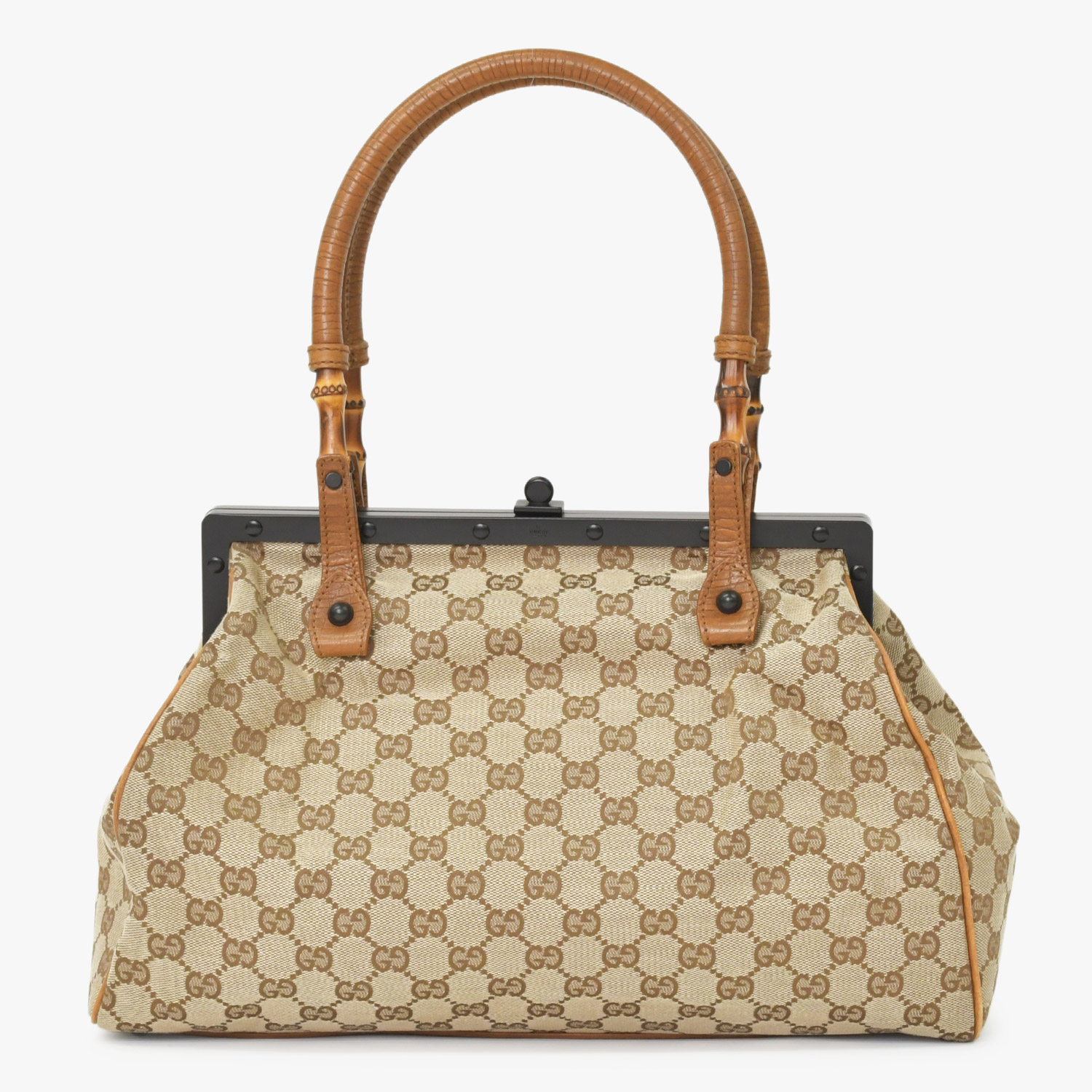 極美品 GUCCI グッチ GGキャンバス バンブーハンドル ガマ口 ハンドバッグ ベージュ 111754 ブラウン ブラック 中古 4a002044|Warashibe_Casanova