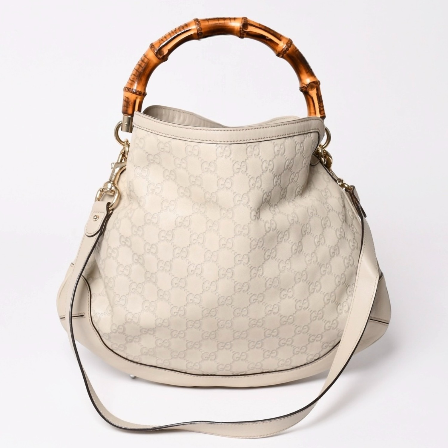 GUCCI グッチ GGキャンバス バンブー ハンドバッグ ベージュ ホワイト ショルダーストラップ 169961 ゴールド金具 美品 中古 4a002050|Warashibe_Casanova