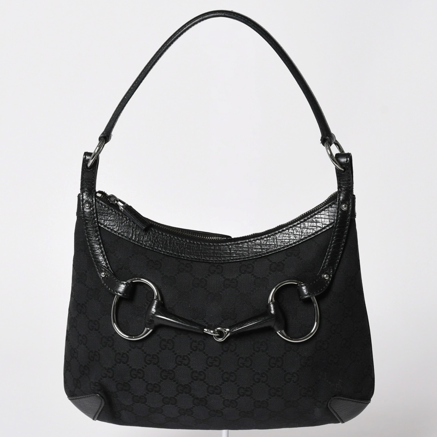 極美品 GUCCI グッチ GGキャンバス ホースビット ショルダーバッグ ワンショルダー セミショルダー レザー ブラック 中古 4a002080｜Warashibe_Casanova