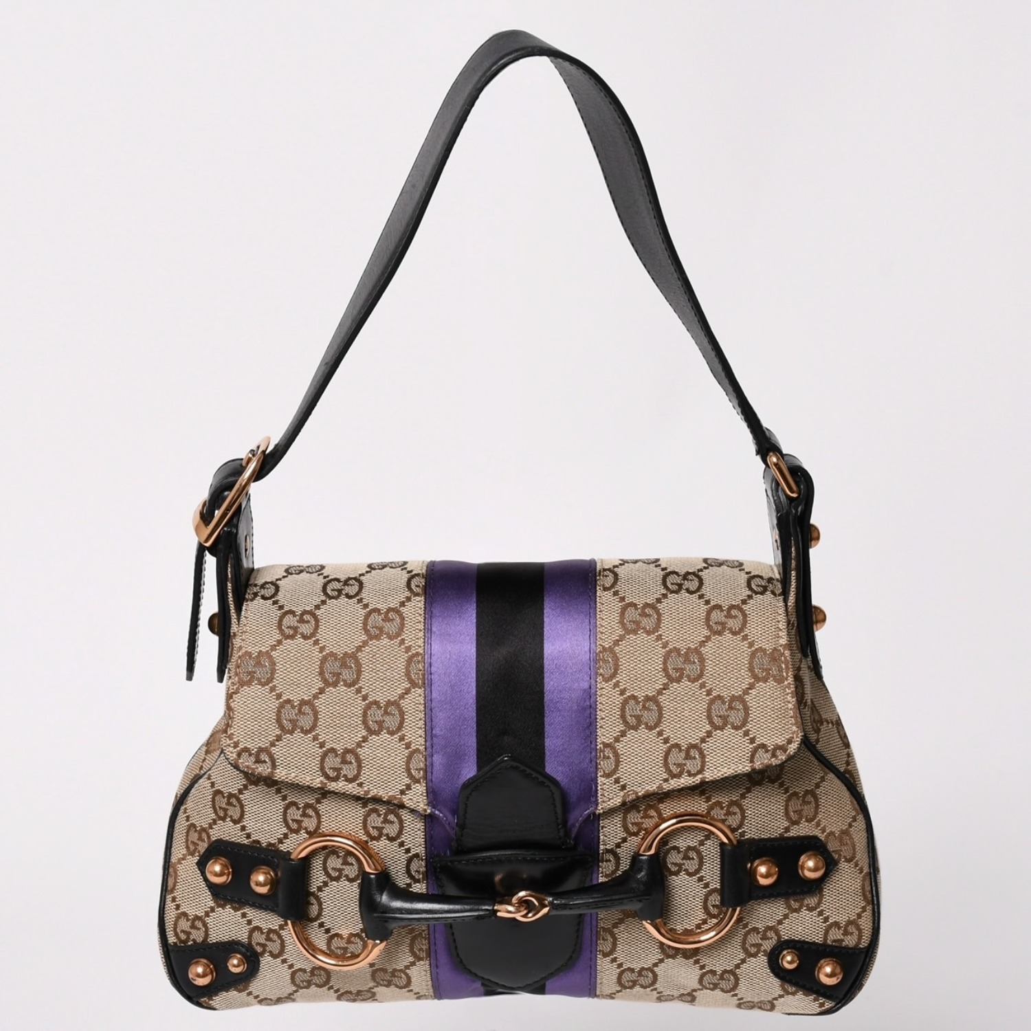 極美品 GUCCI グッチ ホースビットGGキャンバスセミショルダーバッグ パープル ブラック キャンバス地 サテン ブラックレザー トムフォード期 129699 002058 中古 4a001998｜Warashibe_Casanova