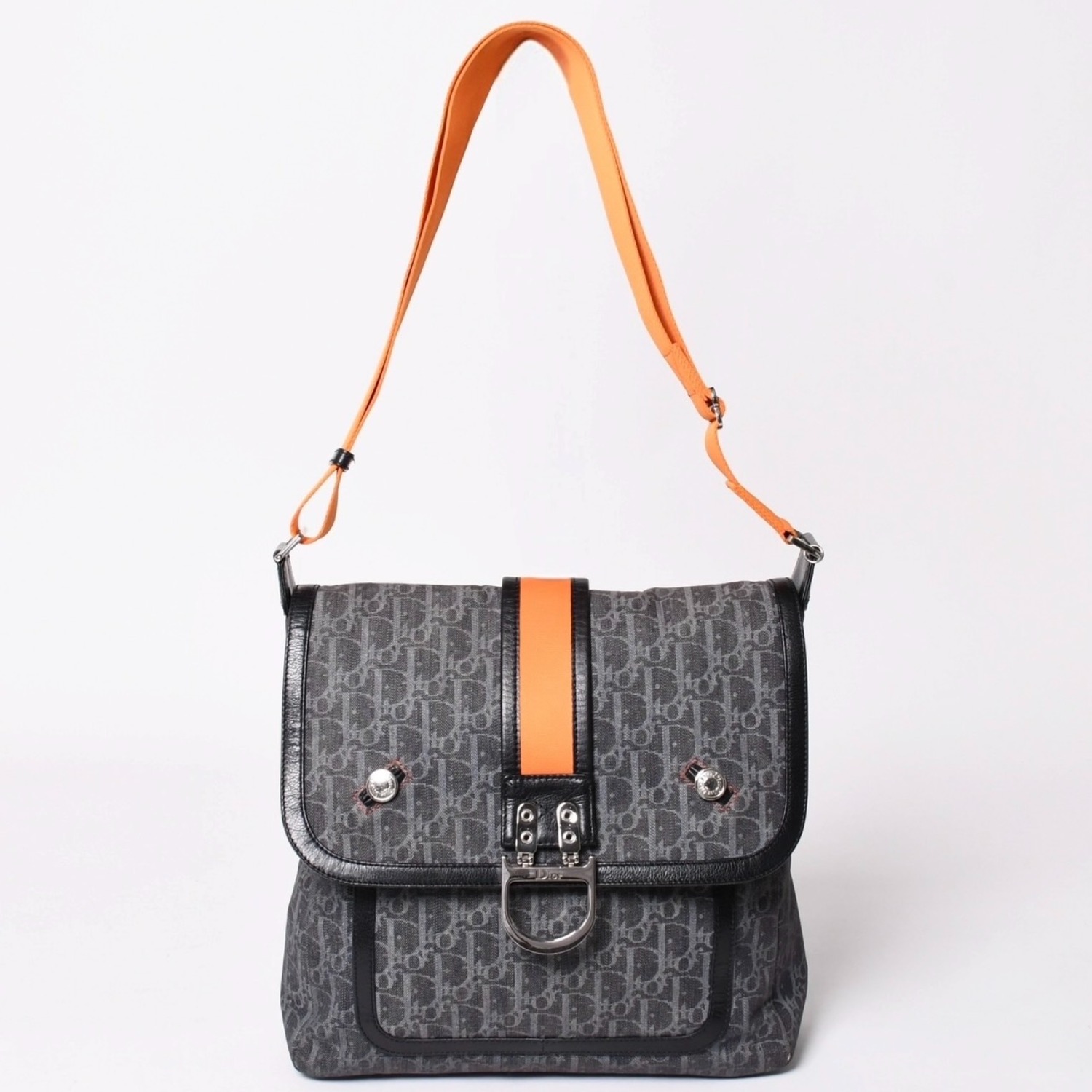 Christian Dior クリスチャンディオール フライトライントロッターメッセンジャーバッグ ガリアーノ期 オレンジ ネイビー シルバー金具 05-BO-0026 美品 中古 4a001110｜Warashibe_Casanova
