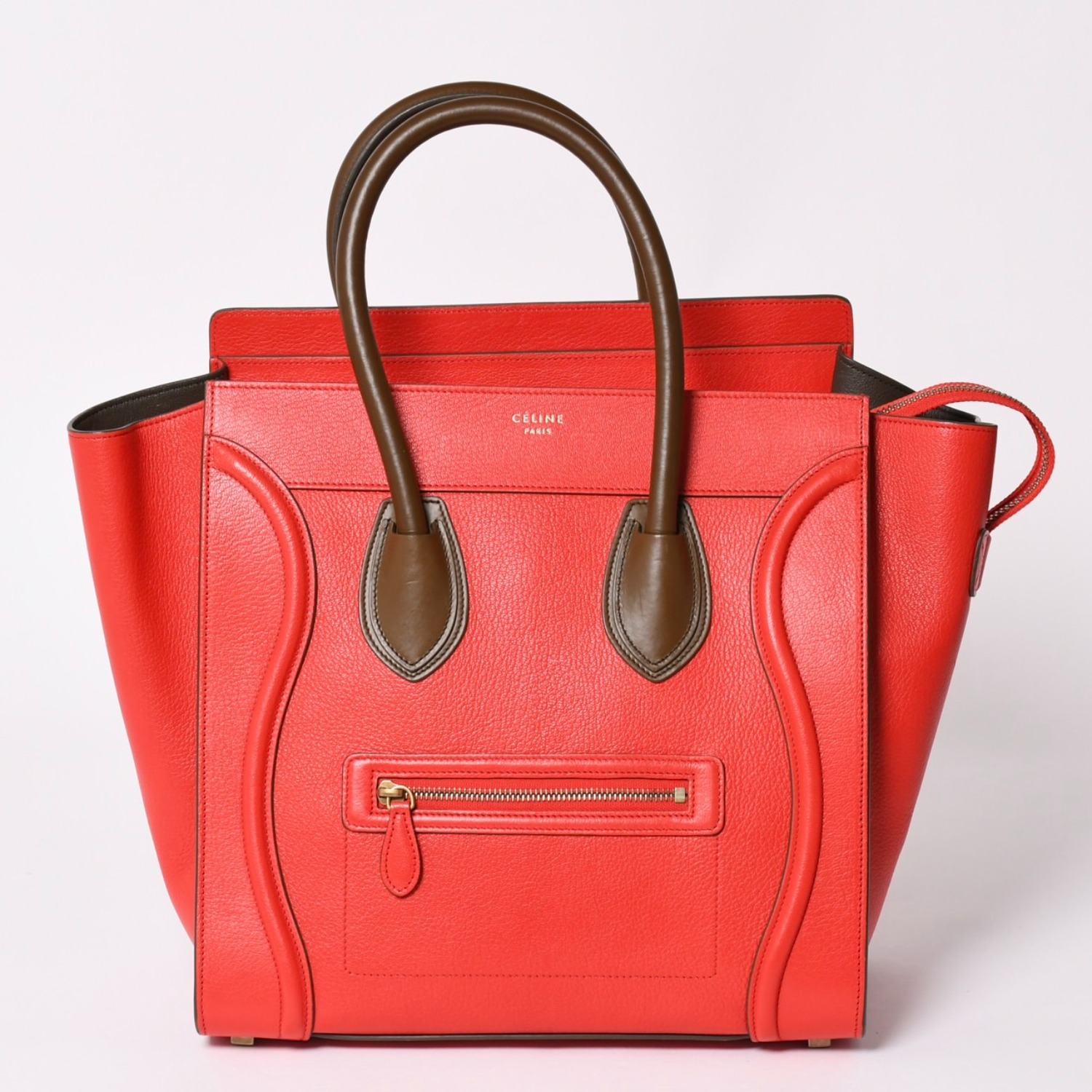 極美品 CELINE セリーヌ LUGGAGE MINI ラゲージ ミニ ハンドバッグ 165213VS0 レッド ブラウン アンティークゴールド金具 中古 4a002515｜Warashibe_Casanova