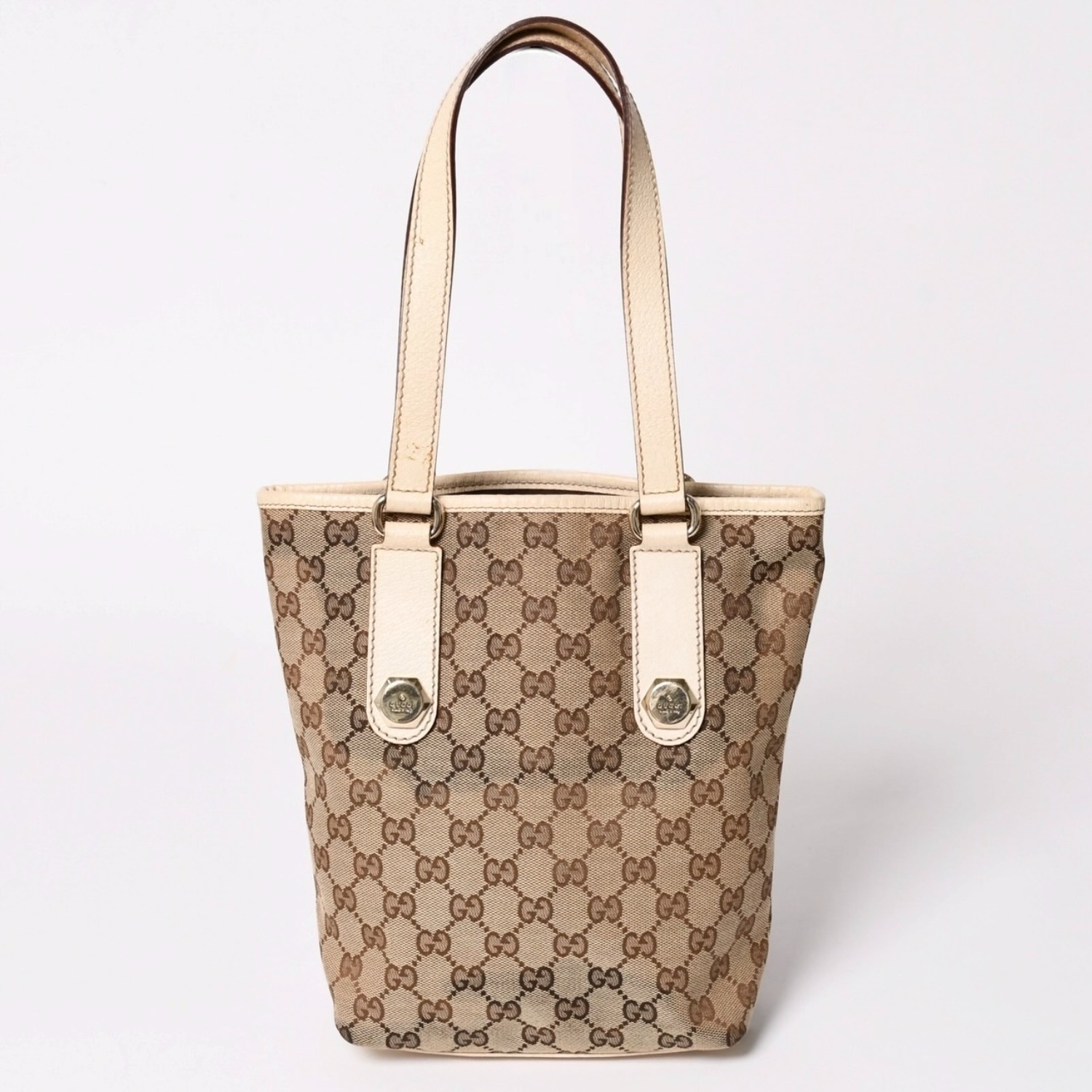 極美品 GUCCI グッチ GGキャンバス トートバッグ ショルダーバッグ バケツ型 レザー アイボリー ベージュ 153361 中古 4a002913｜Warashibe_Casanova