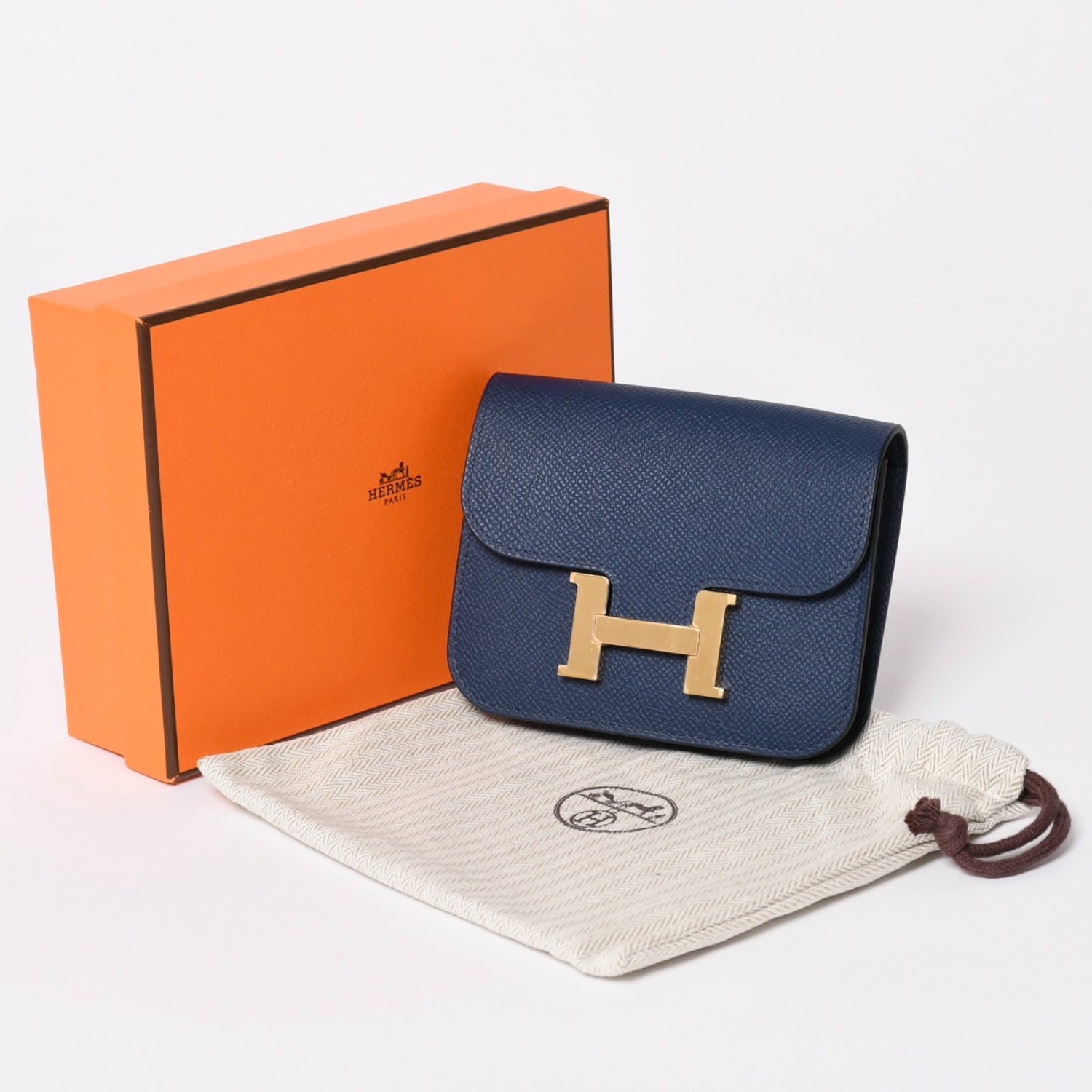 新品未使用 HERMES エルメス コンスタンス スリム 二つ折り財布 ヴォーエプソン B刻印 ネイビー ポーチ ウォレット ゴールド金具 中古 4a003199｜Warashibe_Casanova