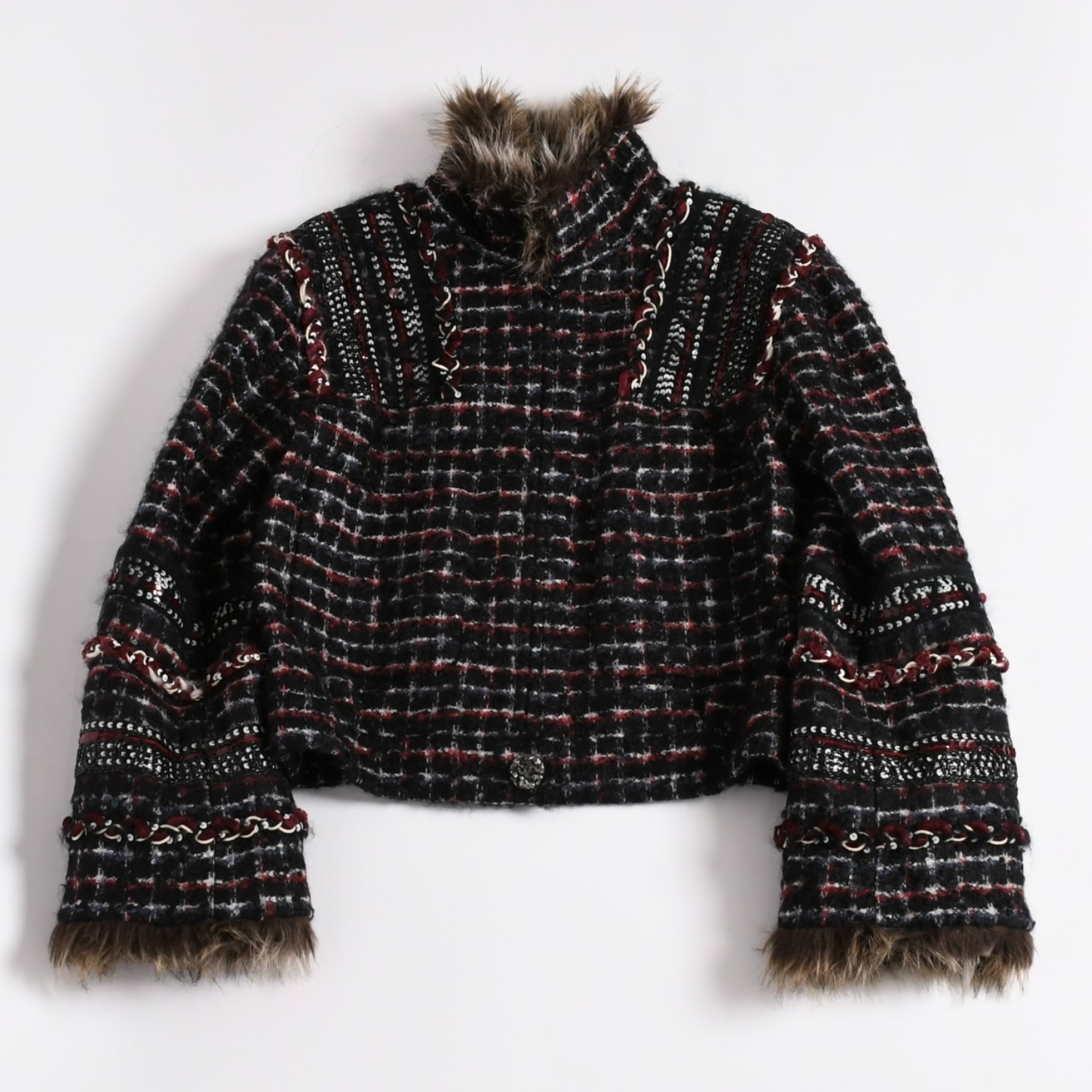 CHANEL シャネル ツイードジャケット P39534V28358 サイズ38 ココマーク フェイクファー ブラック マルチカラー 美品 中古 4a003305｜Warashibe_Casanova