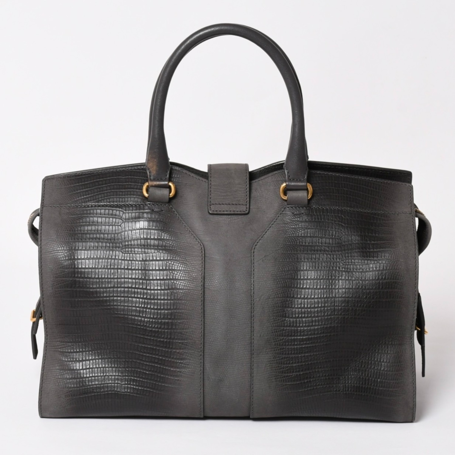 YVES SAINT LAURENT イヴ サンローラン カバスシック リザード 型押し ハンドバッグ グレー ゴールド金具 美品 中古 4a003682|Warashibe_Casanova