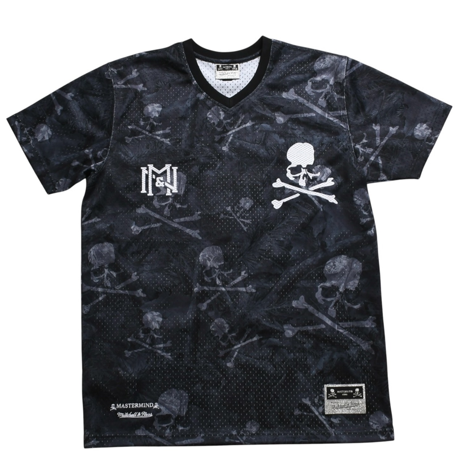 新品同様 Mastermind World&times;Mitchell ＆ Ness 25AW PRINT BP MESH プリントメッシュTシャツ MN-A25-J300-C10 ブラック サイズ L 中古4a002226｜Warashibe_Casanova