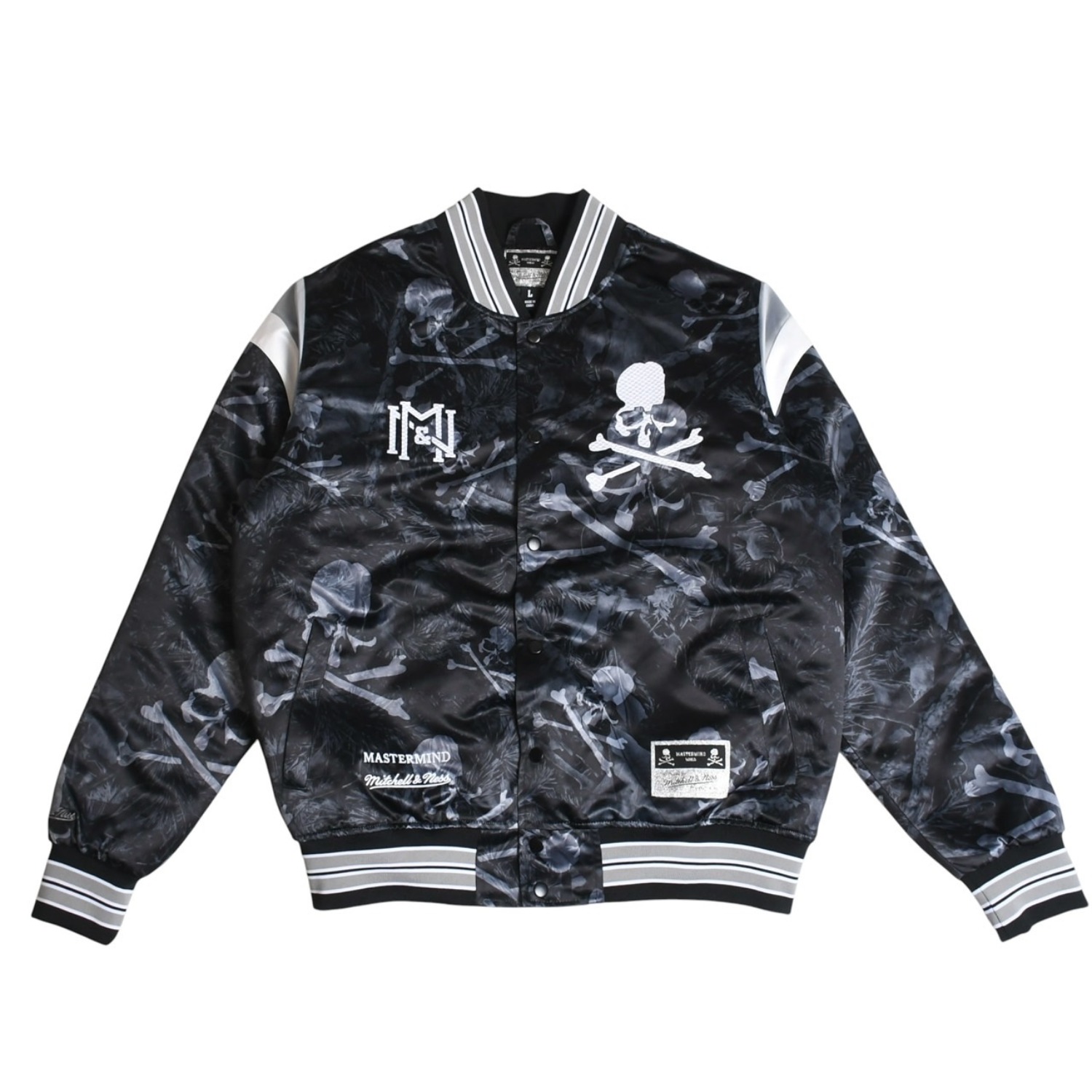 新品同様 Mitchell&Ness ミッチェルアンドネス × マスターマインドワールド プリントサテンジャケット スカルボーン カモフラージュ Lサイズ 中古 4a002179|Warashibe_Casanova