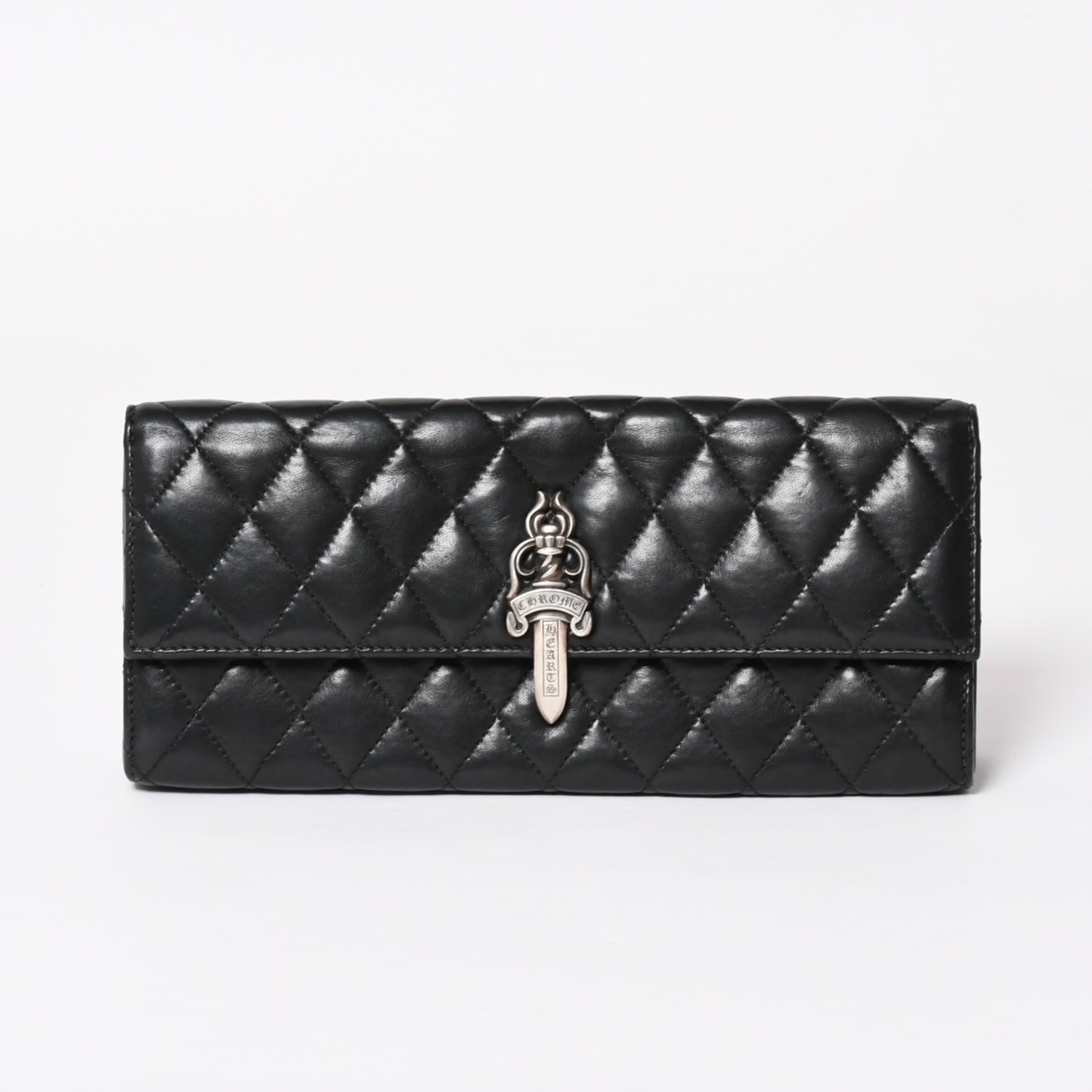 極美品 CHROME HEARTS クロムハーツ ディナーバッグ クラッチバッグ ラージダガー マトラッセ ラムスキン ブラック 中古 4a004093|Warashibe_Casanova