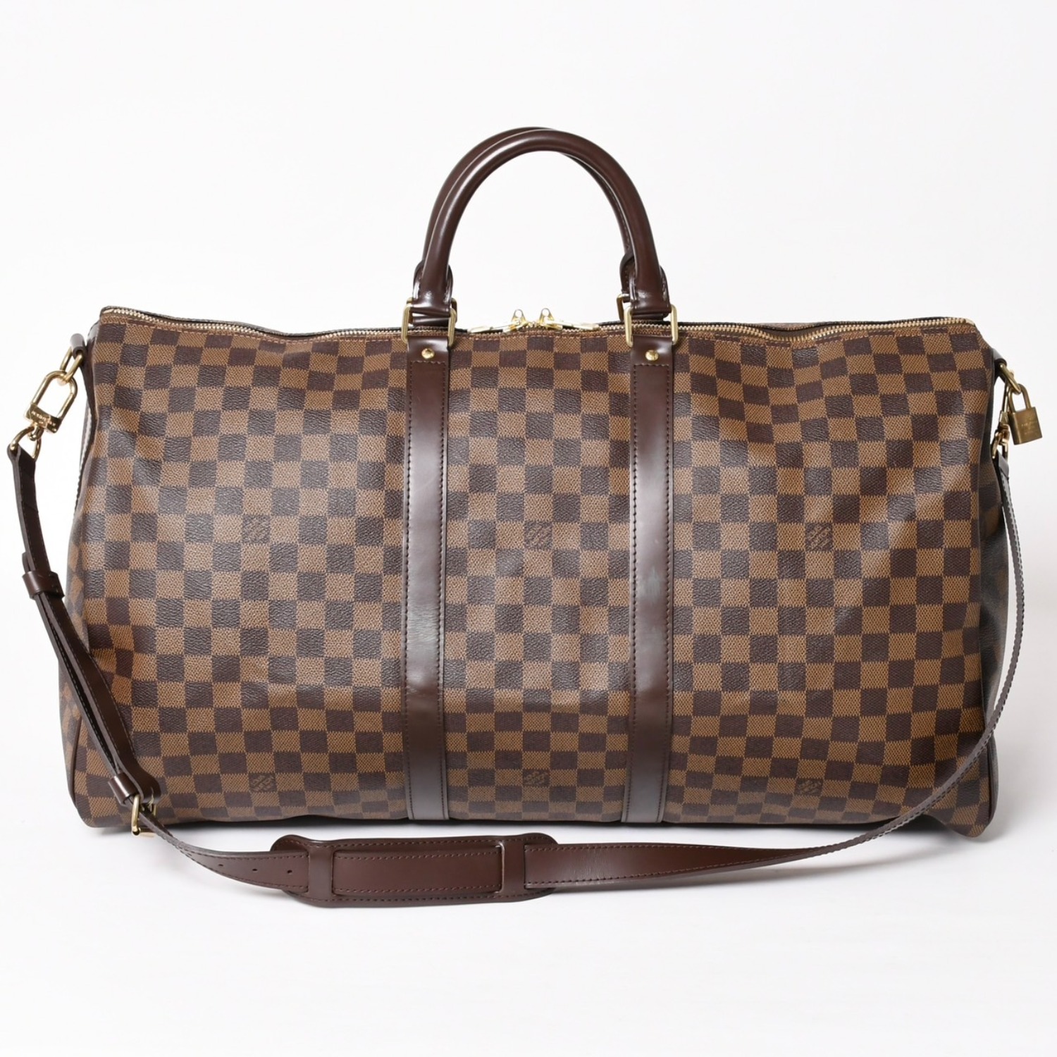 極美品 LOUISVUITTON ルイヴィトン キーポル バンドリエール55 ボストンバッグ N41414 ダミエ エベヌ ブラウン ゴールド金具 中古 4a004191｜Warashibe_Casanova