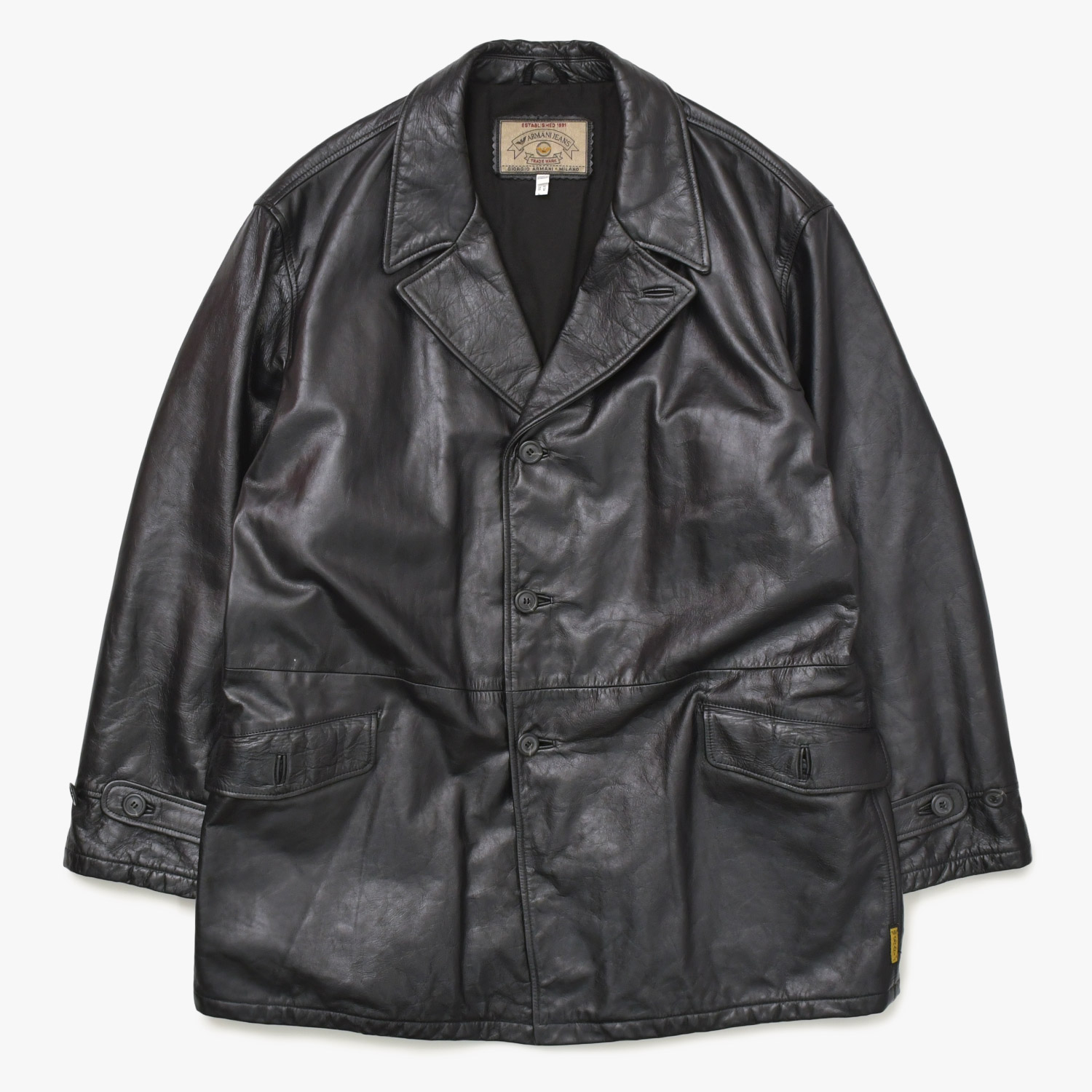 ARMANI JEANS アルマーニ ジーンズ レザーカーコート M6K03FC-12-3 アウター レザージャケット ブラック 52サイズ ヴィンテージ 美品 中古 4a004440｜Warashibe_Casanova