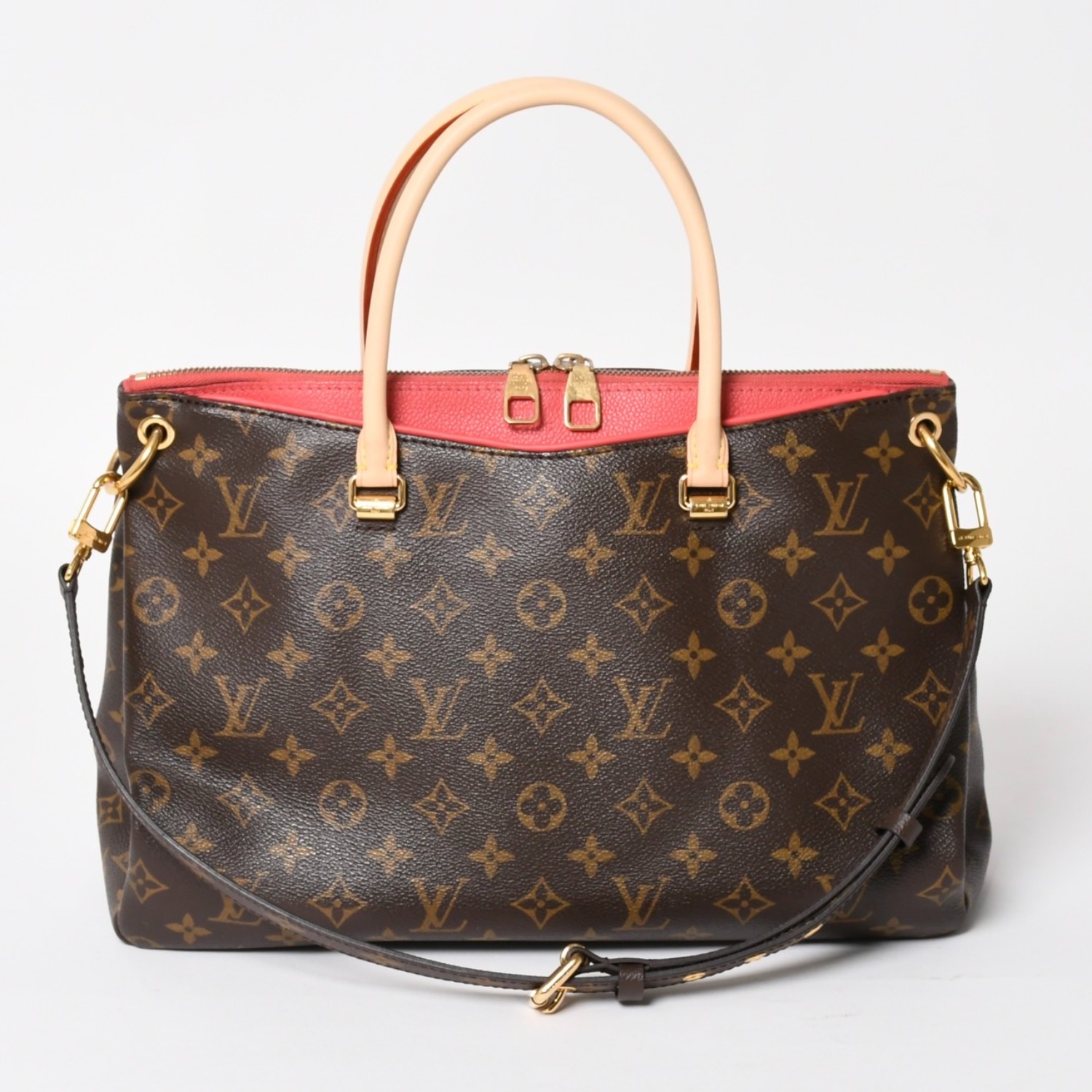 LOUIS VUITTON ルイヴィトン パラス ハンドバッグ M40466 モノグラムキャンバス ヌメ革 SN0185 ショルダーバッグ ブラウン ピンク ゴールド金具 美品 中古 4a004349｜Warashibe_Casanova
