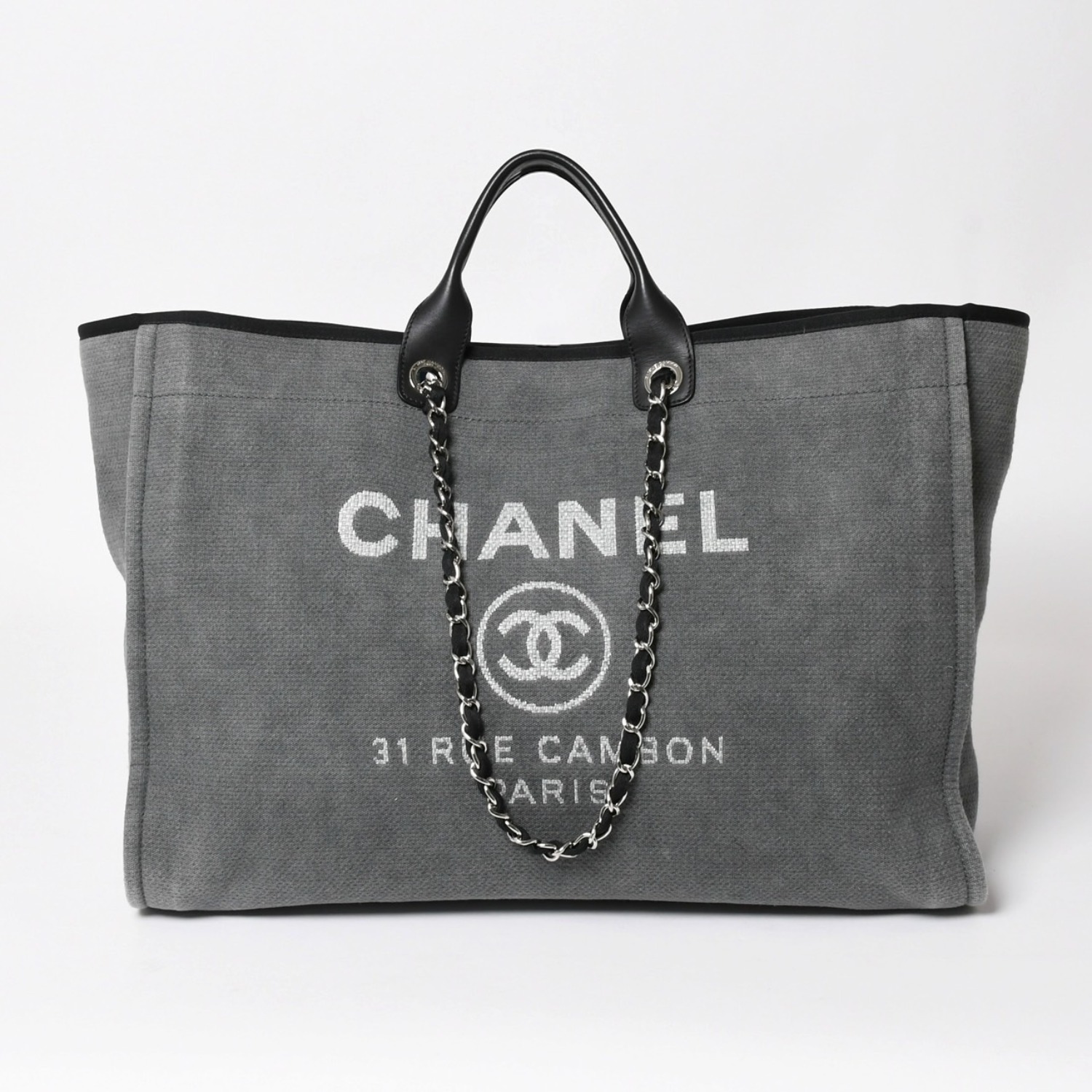 新品同様 CHANEL シャネル Deauville TGM ドーヴィルTGM 2WAYバッグ 16番台 ココマーク キャンバス レザー グレー 中古 4a004385｜Warashibe_Casanova 247,500円