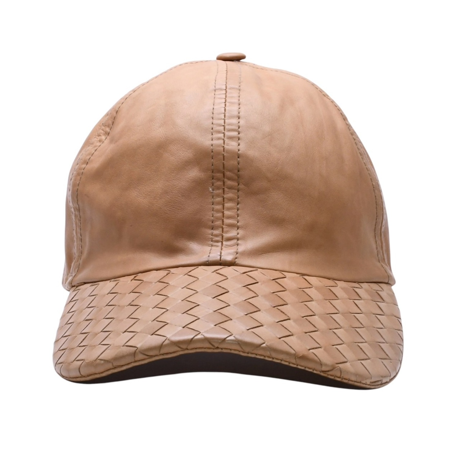 BOTTEGA VENETA ボッテガヴェネタ キャップ イントレチャート ブラウン ベージュ レザー 美品 中古 4a004740｜Warashibe_Casanova 28,600円