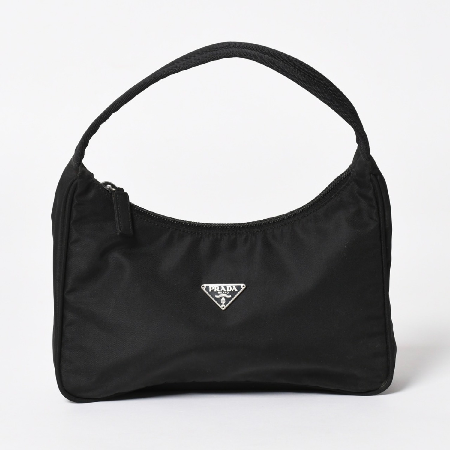 PRADA プラダ ポーチ ハンドバッグ MV515 ホーボー ミニバッグ 三角ロゴ ブラック シルバー金具 美品 中古 4a004675|Warashibe_Casanova
