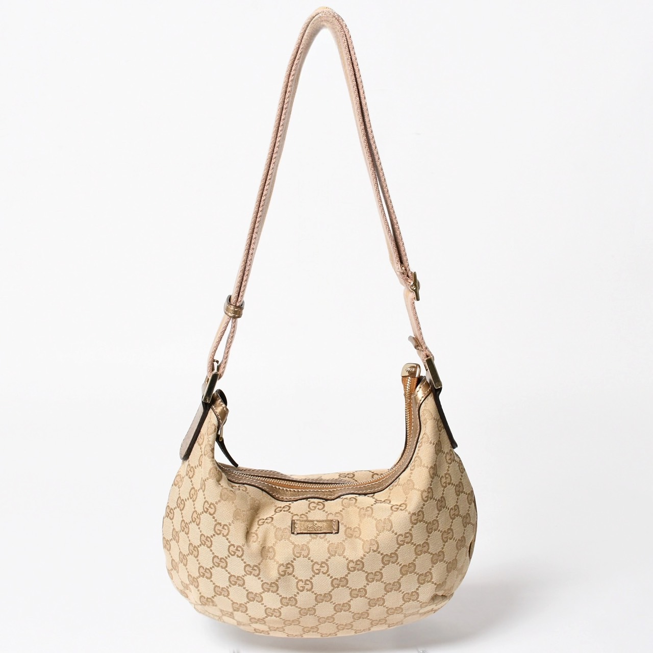 極美品 GUCCI グッチ GGクリスタル ショルダーバッグ GGキャンバス ホーボー 181092 1669 ベージュ ゴールド金具 中古 4a004959｜Warashibe_Casanova