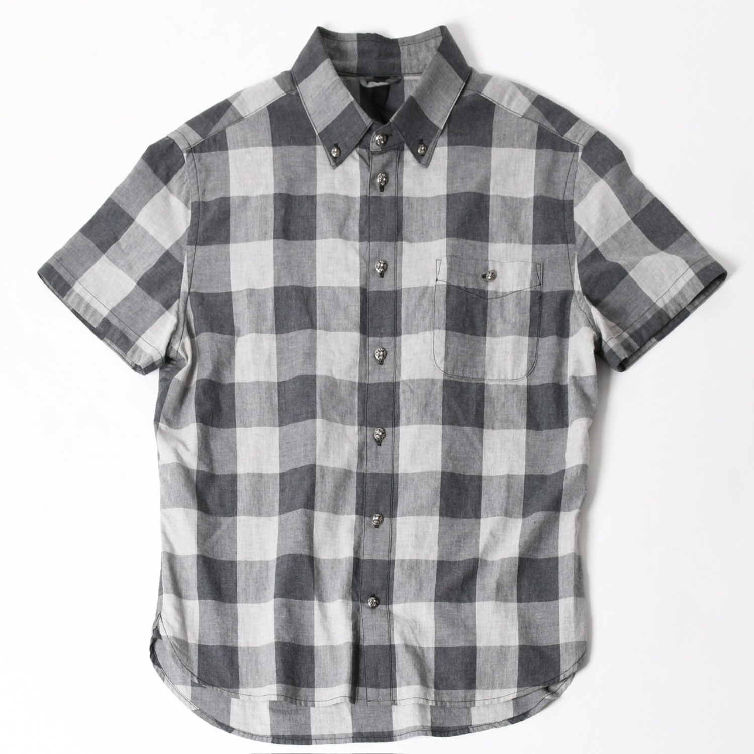 極美品 CHROME HEARTS クロムハーツ ブロックチェック柄 半袖シャツ クロスボールボタン CHプラス グレー ブラック Lサイズ シルバー925 中古 4a005231｜Warashibe_Casanova