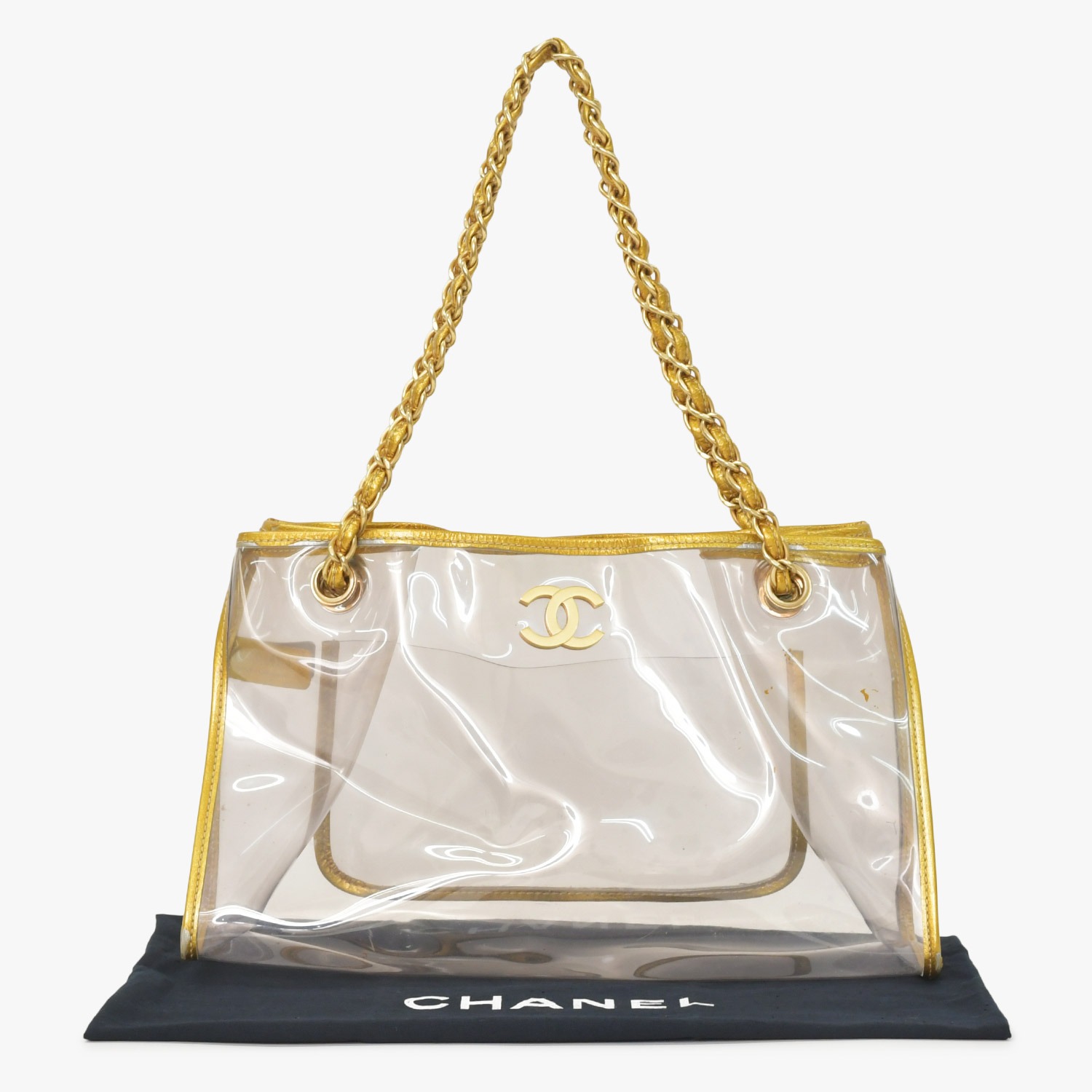 CHANEL シャネル チェーントートバッグ ココマーク ビニール レザー ゴールド シルバー クリア マットゴールド金具 良品 中古 4a005254｜Warashibe_Casanova