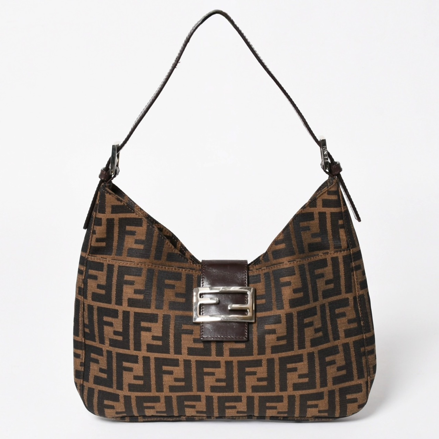 FENDI フェンディ ズッカ柄 セミショルダーバッグ マンマバケット ホーボータイプ 26569 キャンバス レザー ブラウン シルバー金具 美品 中古 4a005281｜Warashibe_Casanova