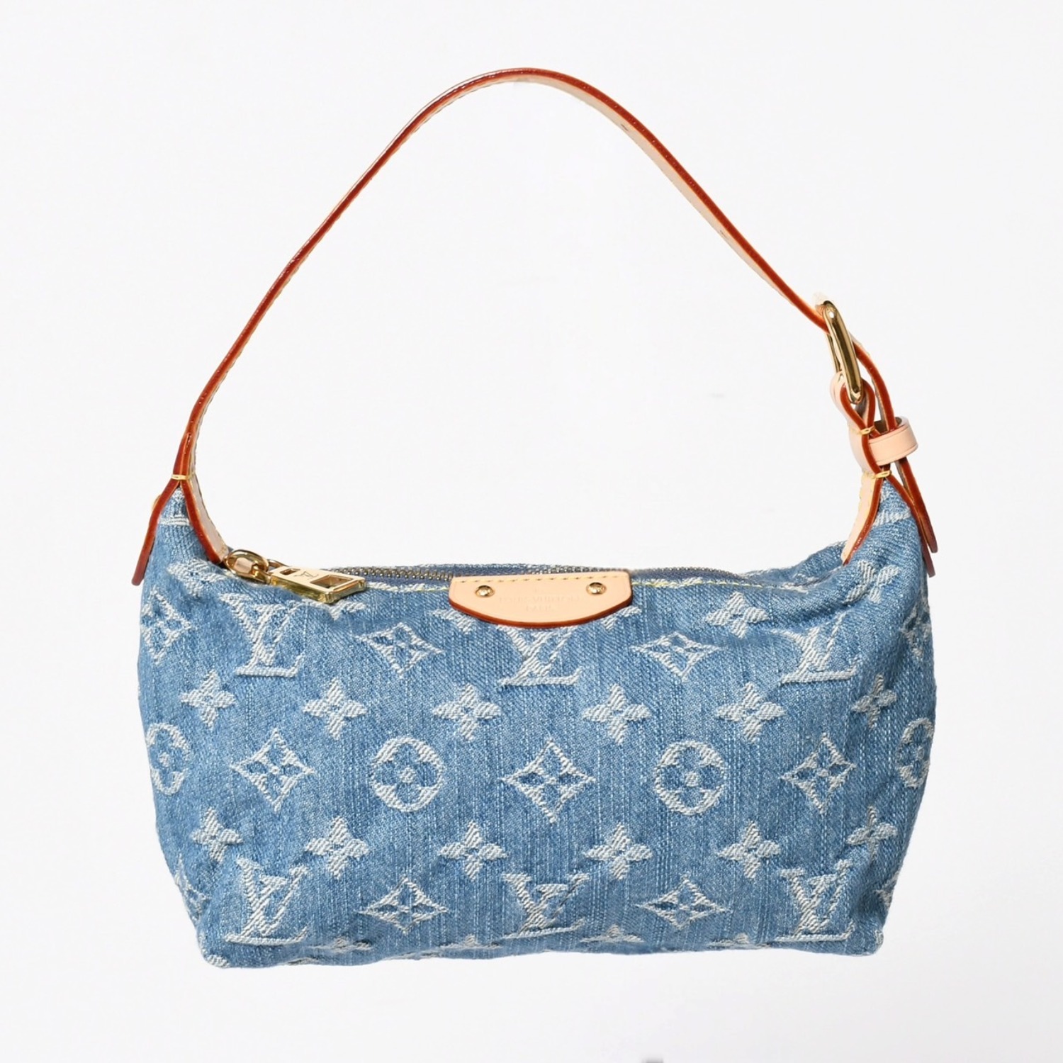極美品 LOUIS VUITTON ルイヴィトン ポシェット ヒルズ ハンドバッグ M82949 モノグラム デニム インディゴブルー ゴールド金具 中古 4a003826｜Warashibe_Casanova